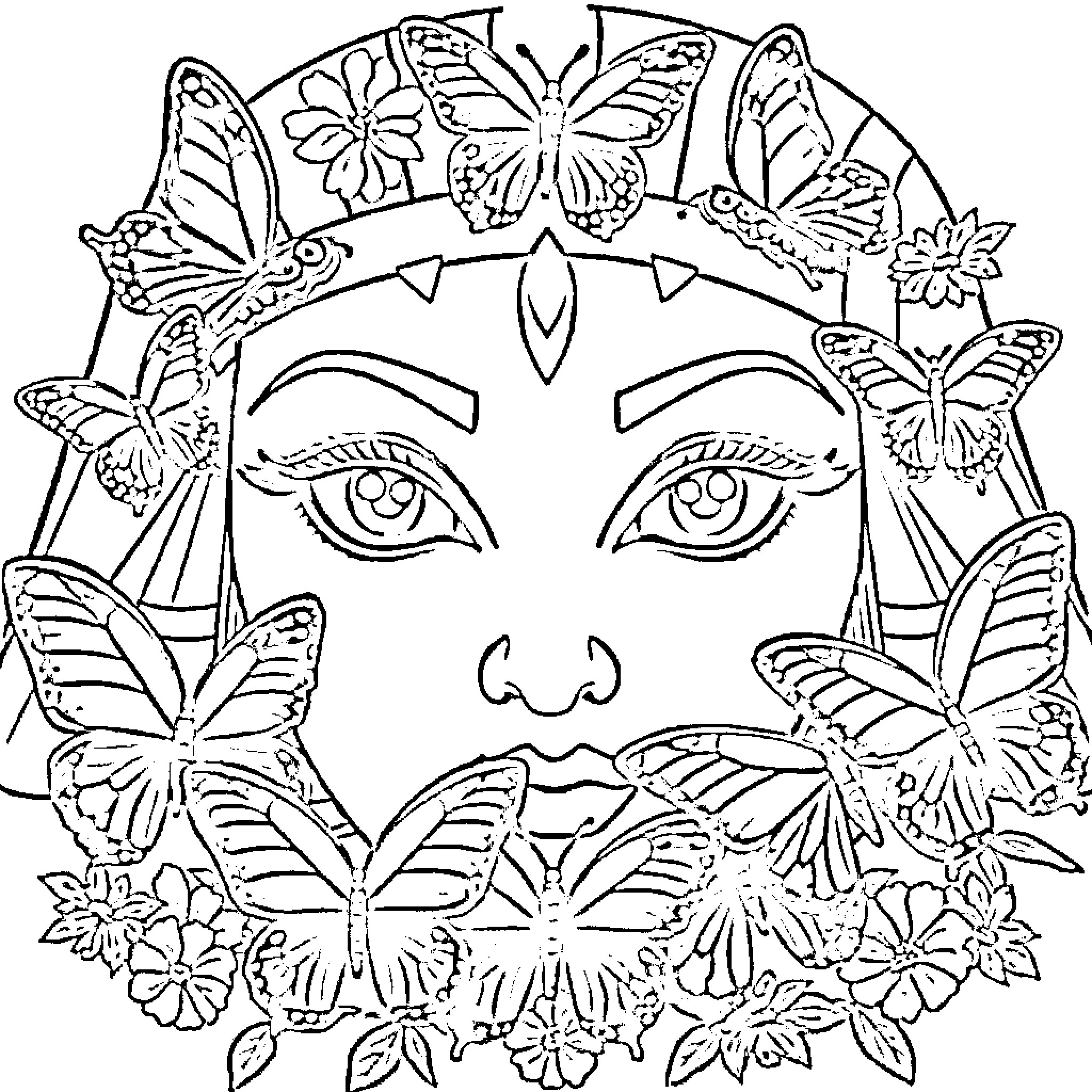 Eye Surrounded by Butterflies and Floral Elements Coloring Page (free black-and-white line drawing printable PDF for all, from beginners to advanced learners, including children, teens, adults, and seniors)