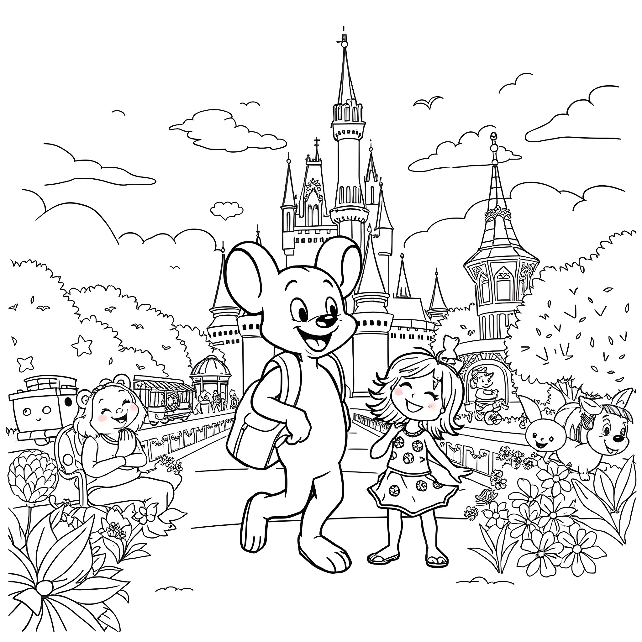 Bluey's Magical Adventure in the Enchanted Kingdom Coloring Page (free black-and-white line drawing printable PDF for all, from beginners to advanced learners, including children, teens, adults, and seniors)