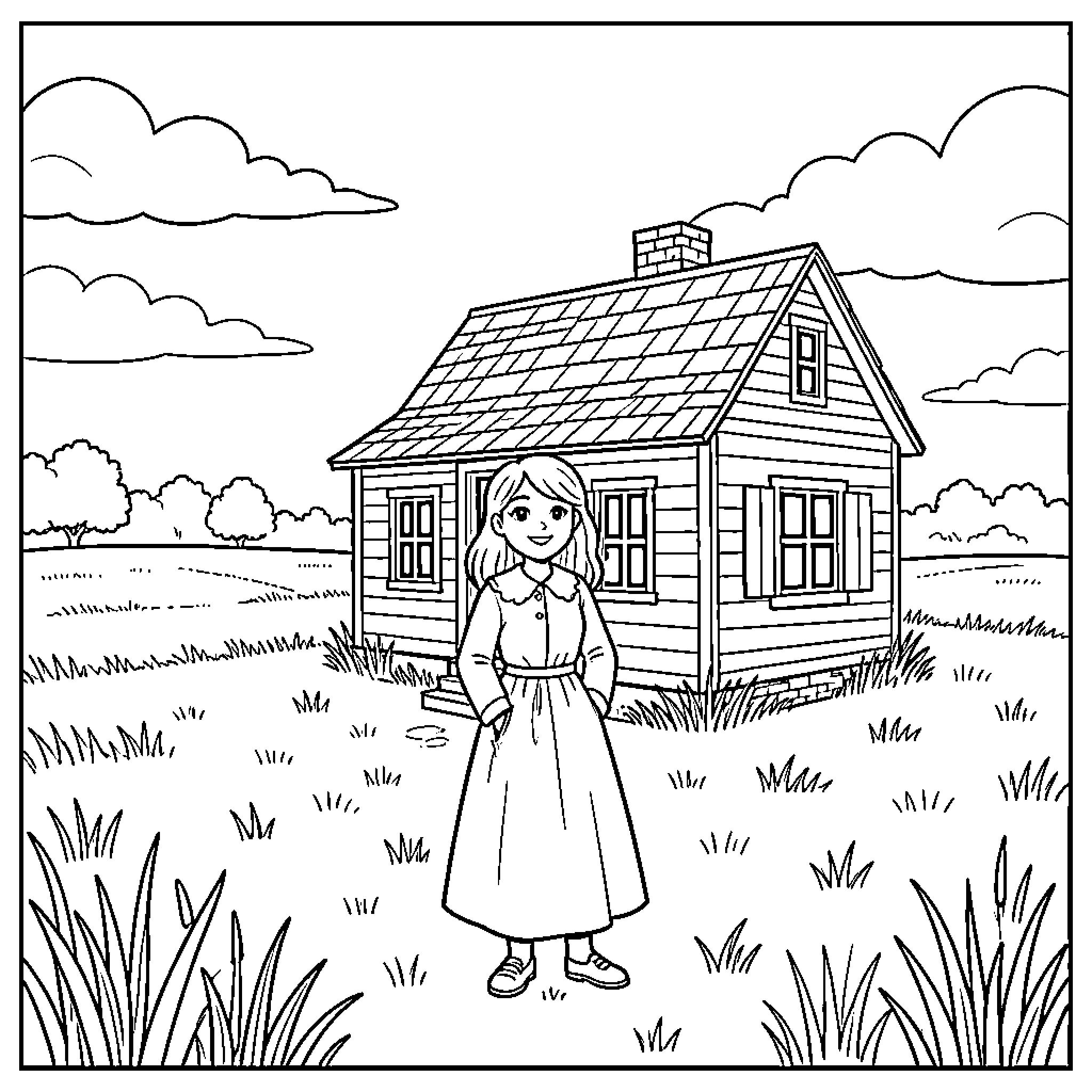 Laura exploring the countryside near her cottage Coloring Page (free black-and-white line drawing printable PDF for all, from beginners to advanced learners, including children, teens, adults, and seniors)