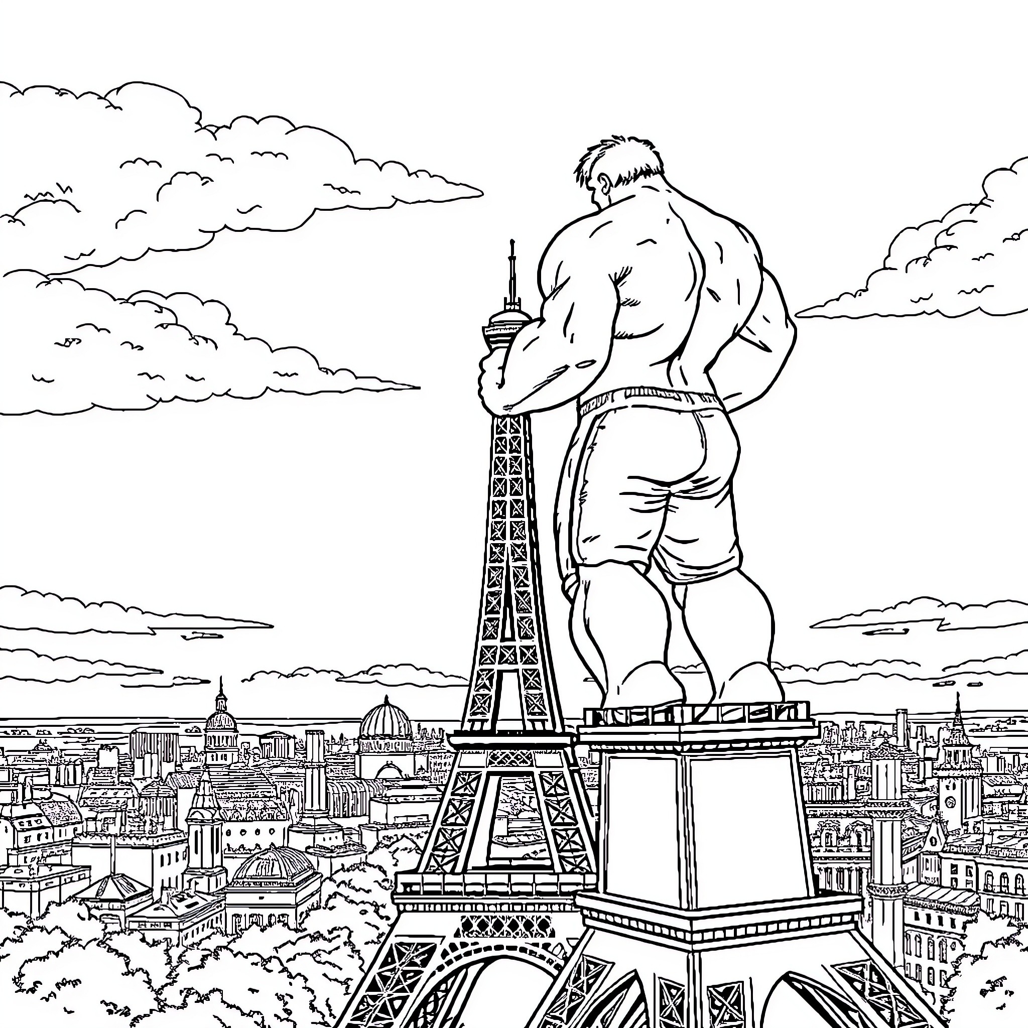 Hulk Towers Over the Eiffel City in Paris Coloring Page (free black-and-white line drawing printable PDF for all, from beginners to advanced learners, including children, teens, adults, and seniors)