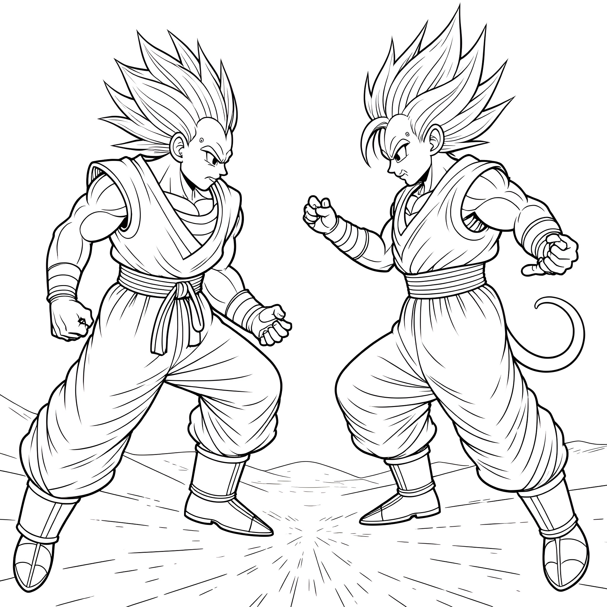 Demon Slayer Characters in Combat Poses Coloring Page (free black-and-white line drawing printable PDF for all, from beginners to advanced learners, including children, teens, adults, and seniors)