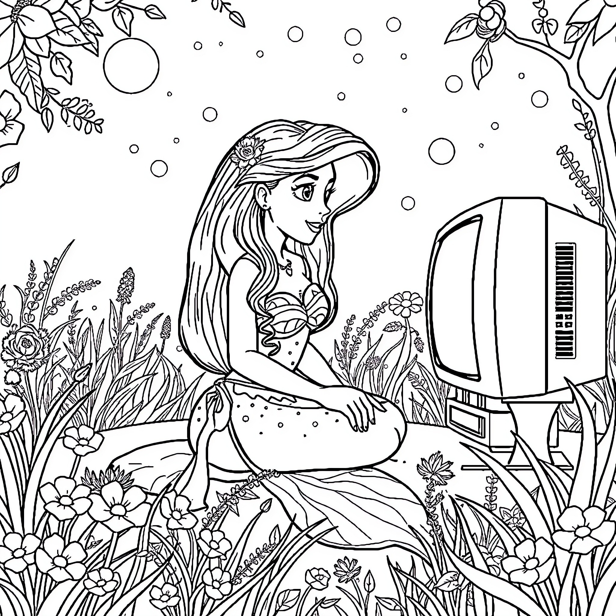 Vaiana enjoys nature's beauty in a serene setting Coloring Page (free black-and-white line drawing printable PDF for all, from beginners to advanced learners, including children, teens, adults, and seniors)