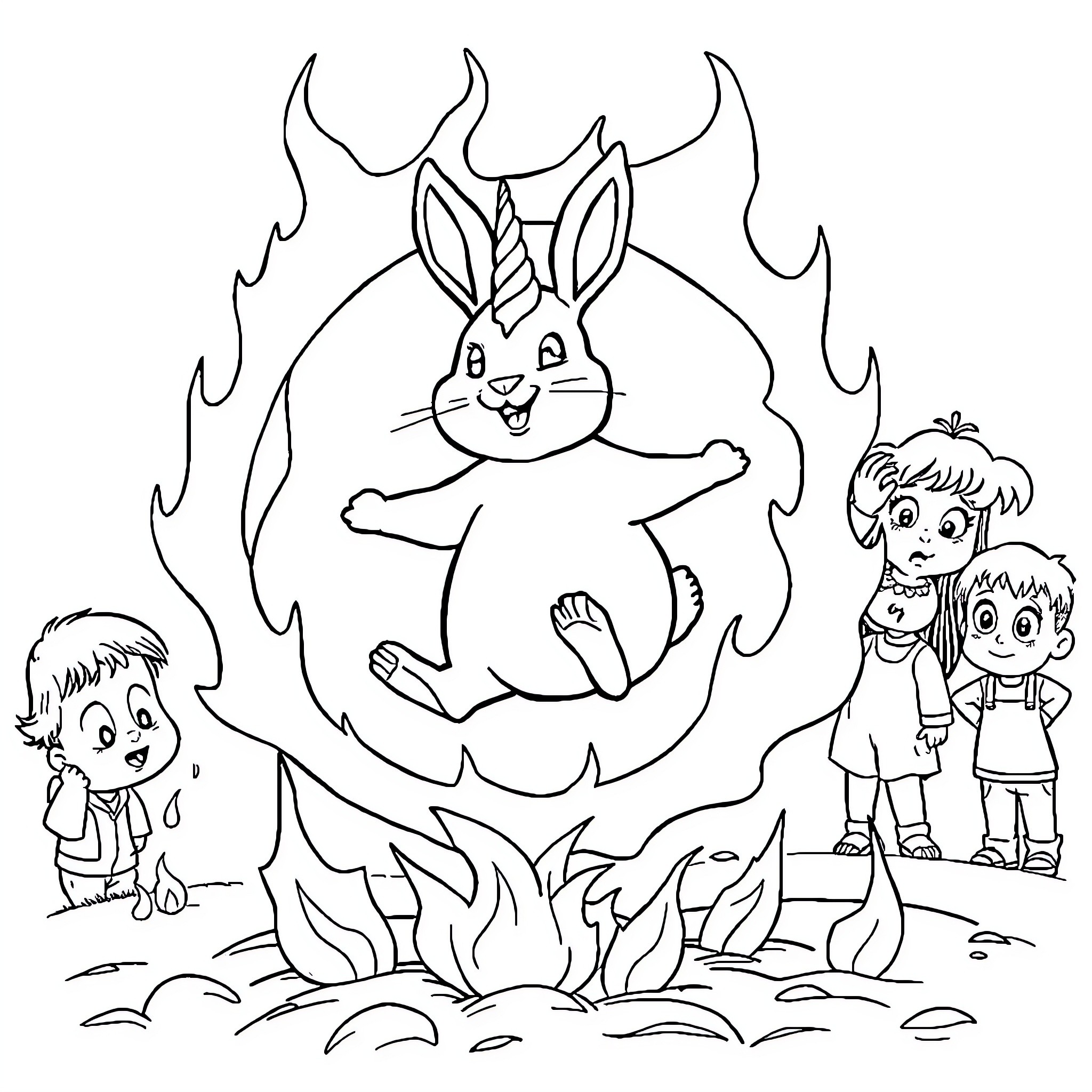 Rabbit leaping through fiery ring with children watching Coloring Page (free black-and-white line drawing printable PDF for all, from beginners to advanced learners, including children, teens, adults, and seniors)