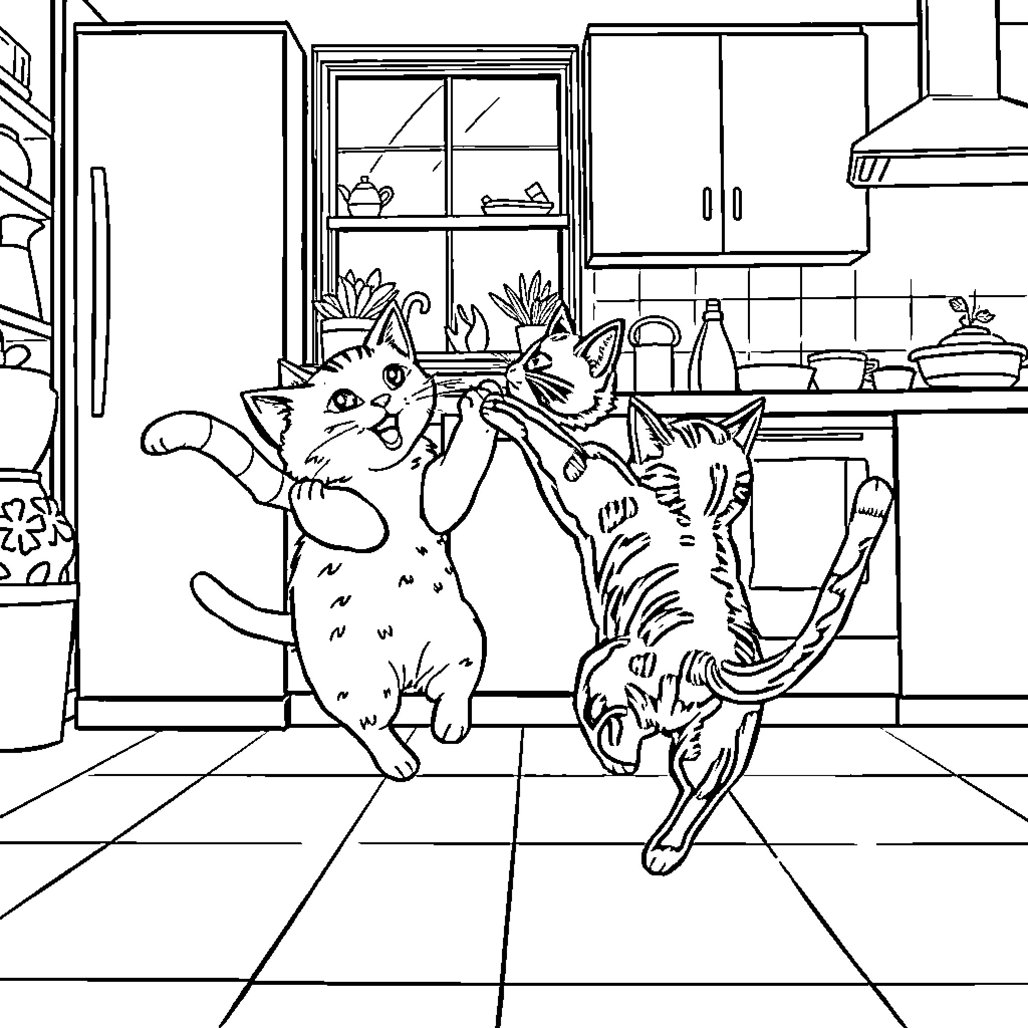 Cat Chaos in the Kitchen Coloring Page (free black-and-white line drawing printable PDF for all, from beginners to advanced learners, including children, teens, adults, and seniors)