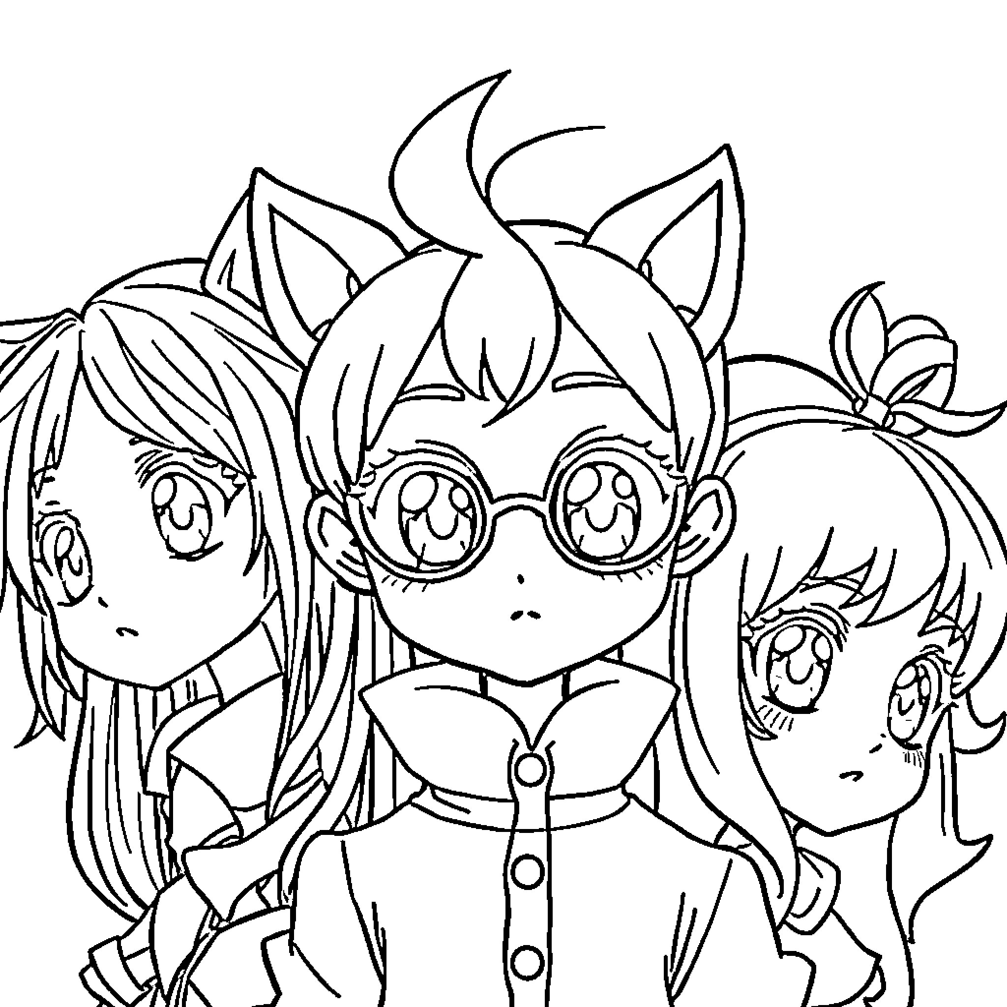 Anime girls with big eyes and playful expressions Coloring Page (free black-and-white line drawing printable PDF for all, from beginners to advanced learners, including children, teens, adults, and seniors)