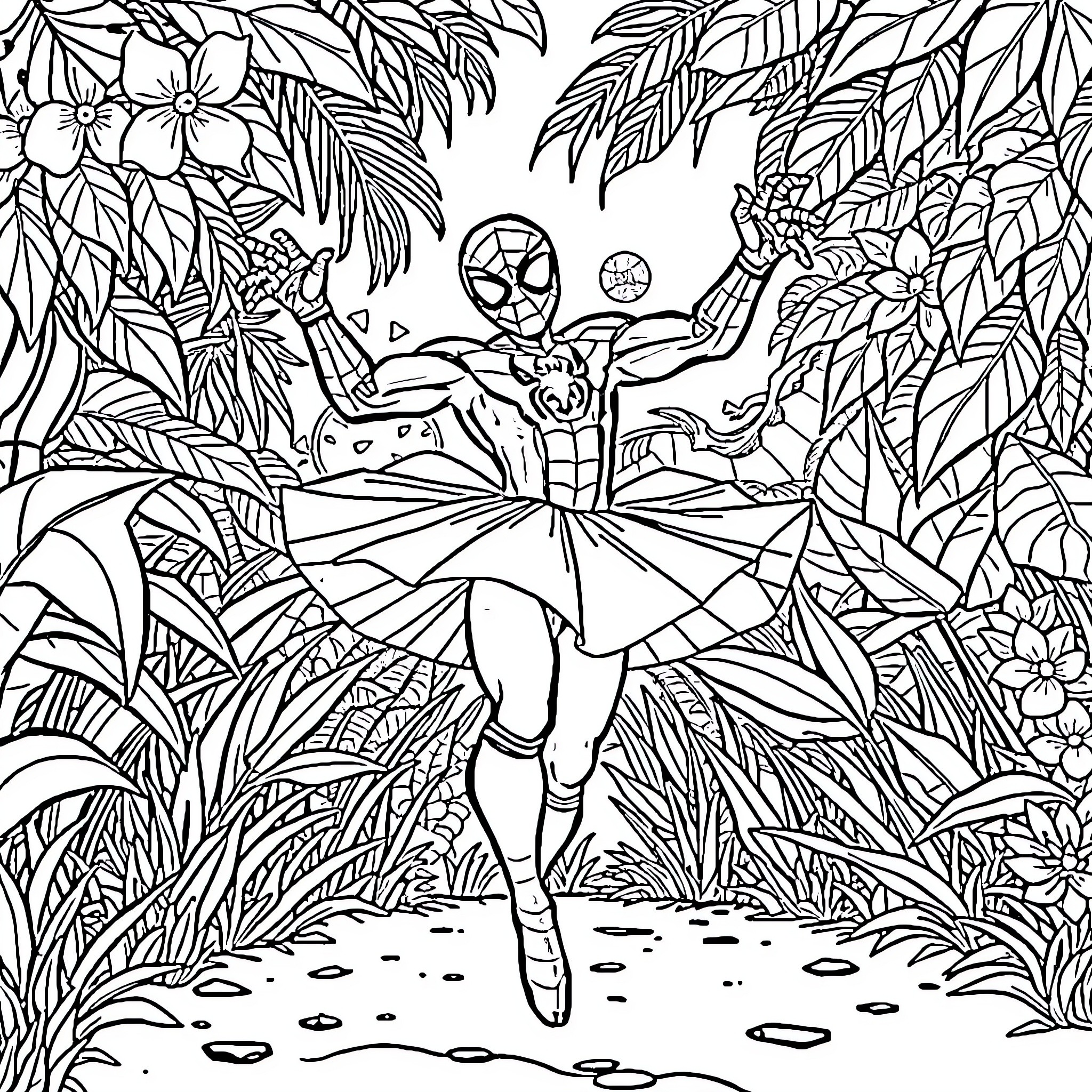 Spiderman swinging through a lush jungle landscape Coloring Page (free black-and-white line drawing printable PDF for all, from beginners to advanced learners, including children, teens, adults, and seniors)