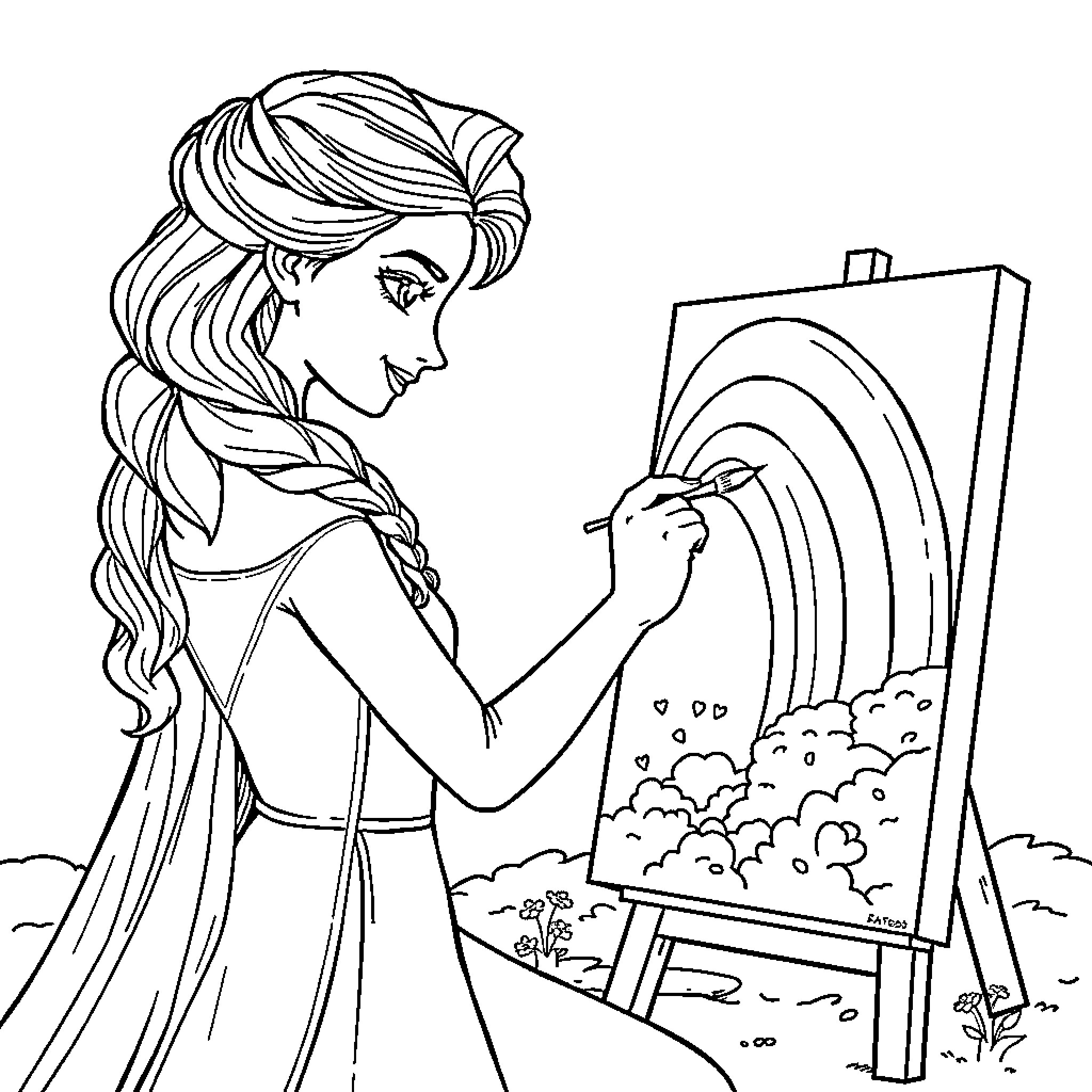Elsa painting a picturesque landscape on an easel Coloring Page (free black-and-white line drawing printable PDF for all, from beginners to advanced learners, including children, teens, adults, and seniors)