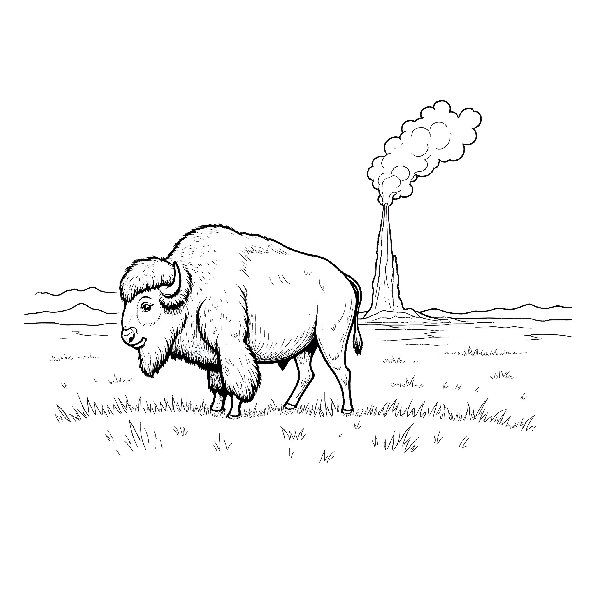Bison standing in grassy field Coloring Page (free black-and-white line drawing printable PDF for all, from beginners to advanced learners, including children, teens, adults, and seniors)
