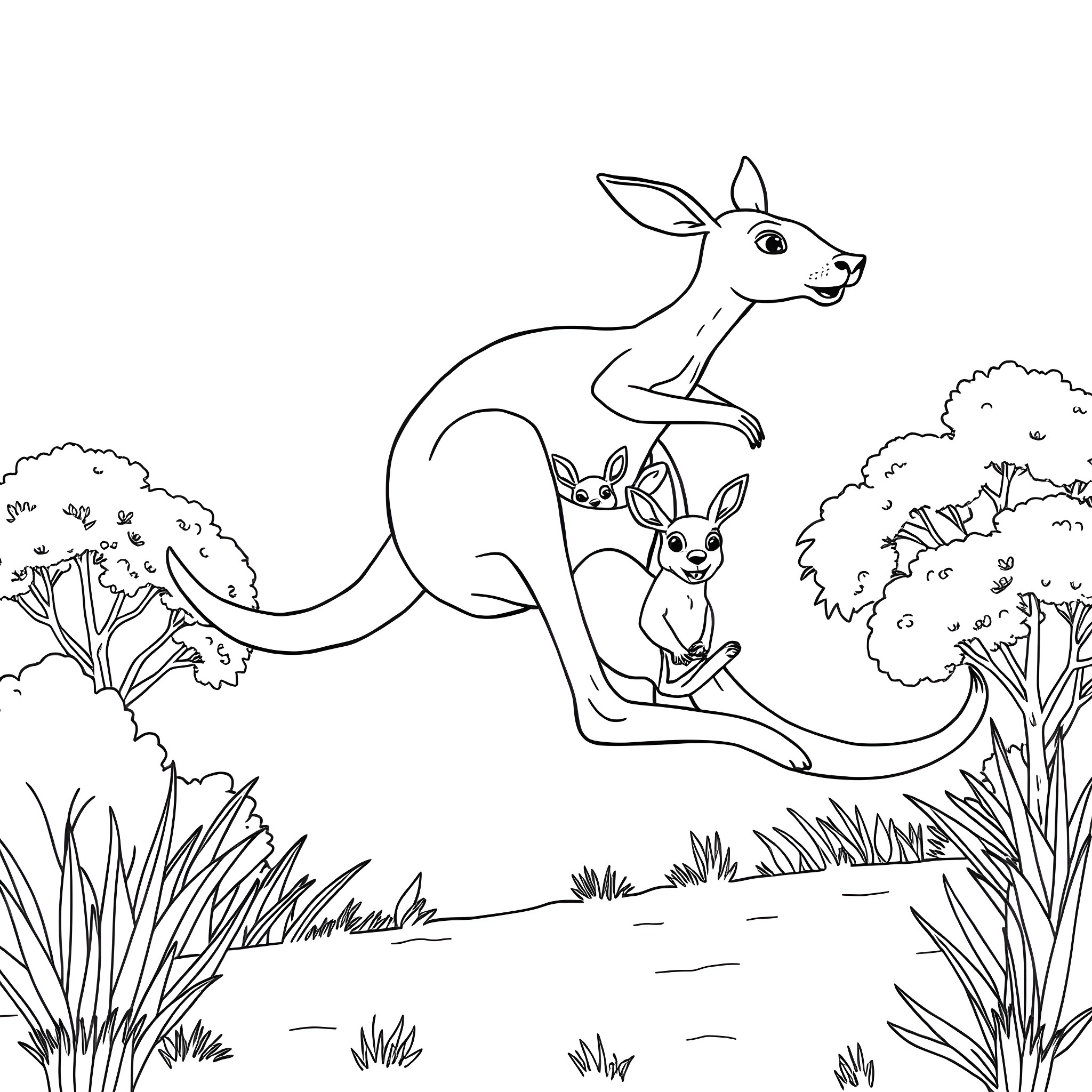 Kangaroo mother and joey hopping in the natural landscape Coloring Page (free black-and-white line drawing printable PDF for all, from beginners to advanced learners, including children, teens, adults, and seniors)