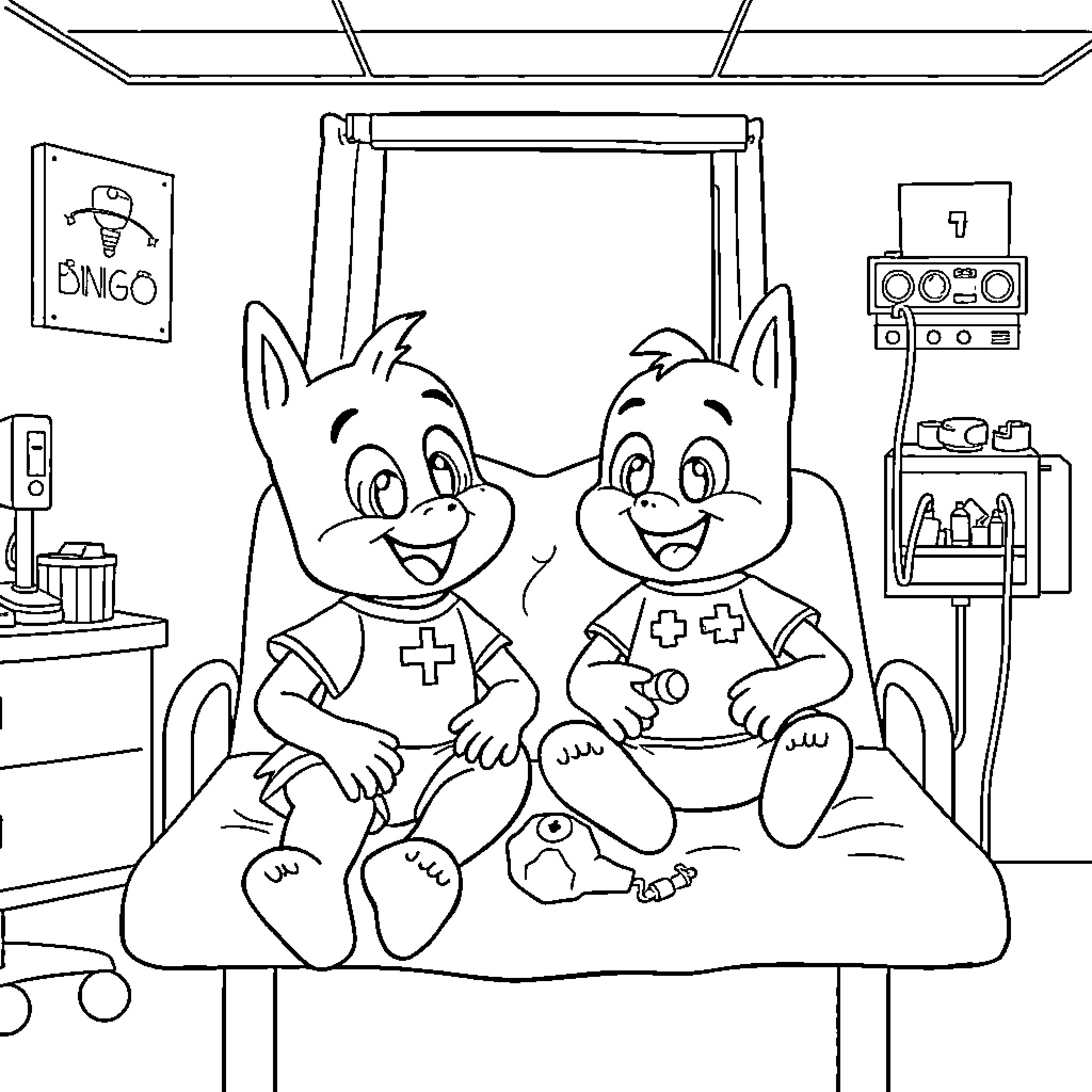 Bluey and Bingo playing video games in a hospital room Coloring Page (free black-and-white line drawing printable PDF for all, from beginners to advanced learners, including children, teens, adults, and seniors)