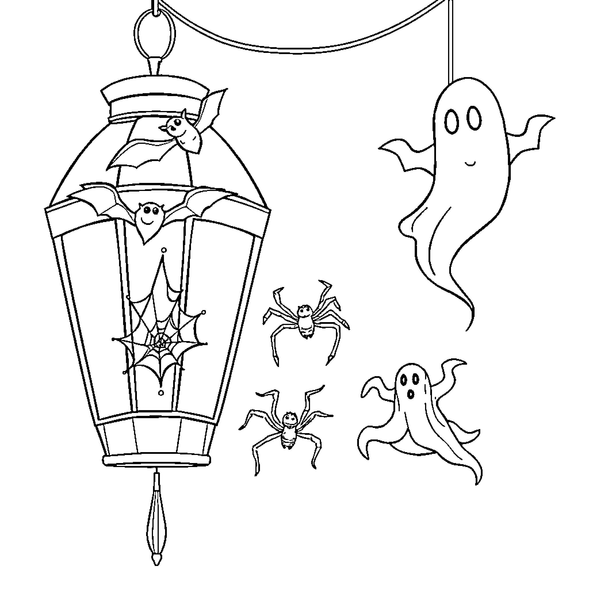 Lantern Decoration with Spooky Halloween Creatures Coloring Page (free black-and-white line drawing printable PDF for all, from beginners to advanced learners, including children, teens, adults, and seniors)