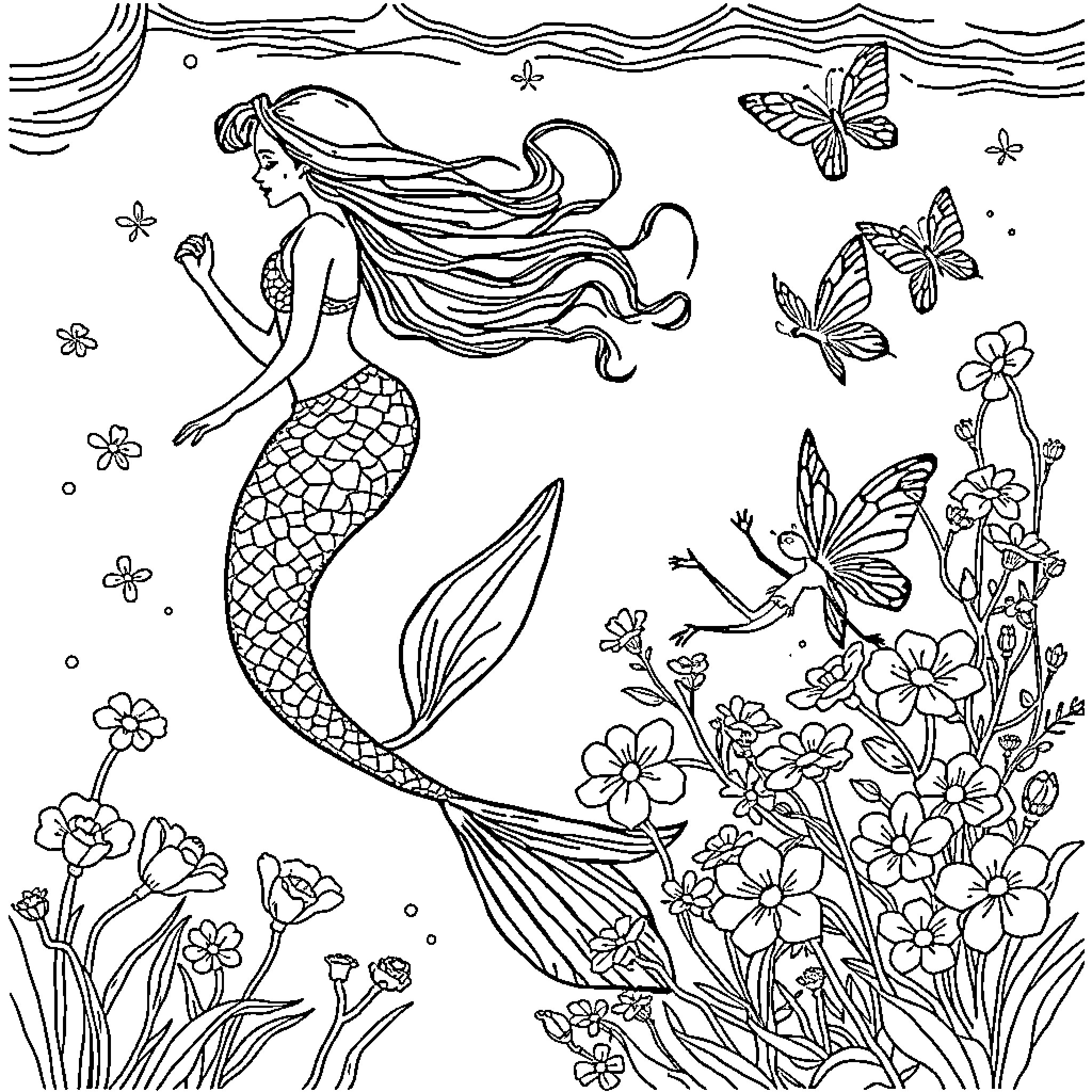 Mermaid swimming amidst flowers and butterflies Coloring Page (free black-and-white line drawing printable PDF for all, from beginners to advanced learners, including children, teens, adults, and seniors)