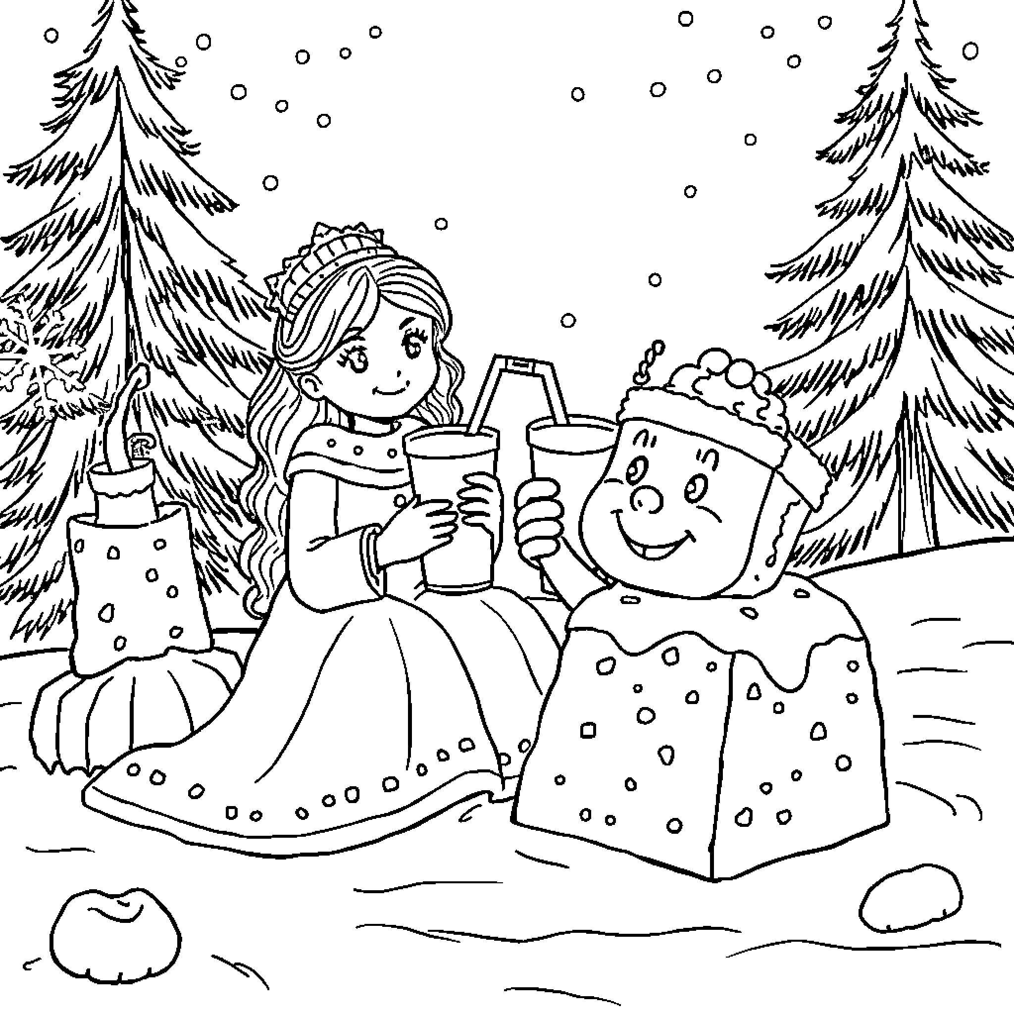 Brownie Girl Enjoying Winter Wonderland Coloring Page (free black-and-white line drawing printable PDF for all, from beginners to advanced learners, including children, teens, adults, and seniors)