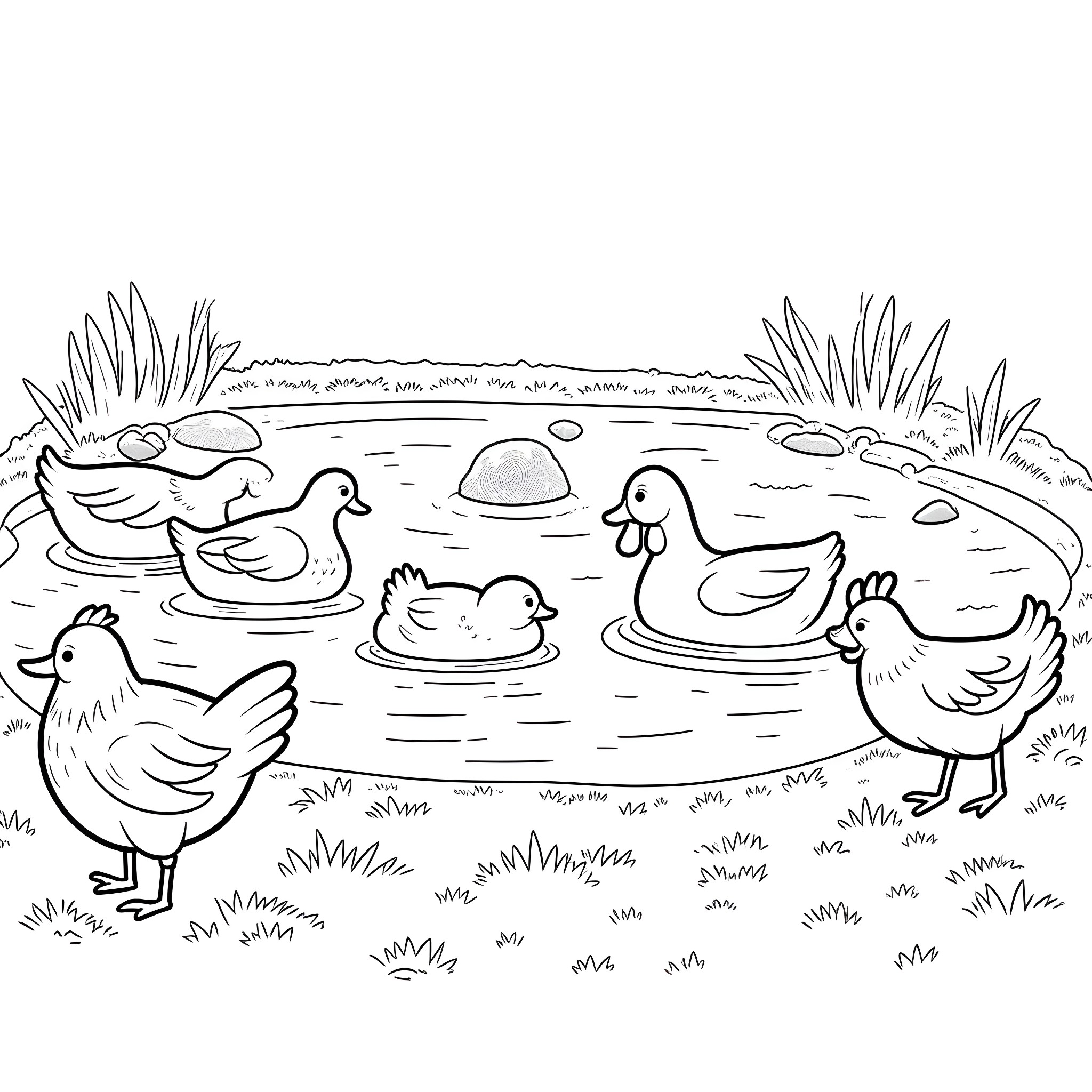 Duck Family Enjoying Peaceful Pond Coloring Page (free black-and-white line drawing printable PDF for all, from beginners to advanced learners, including children, teens, adults, and seniors)