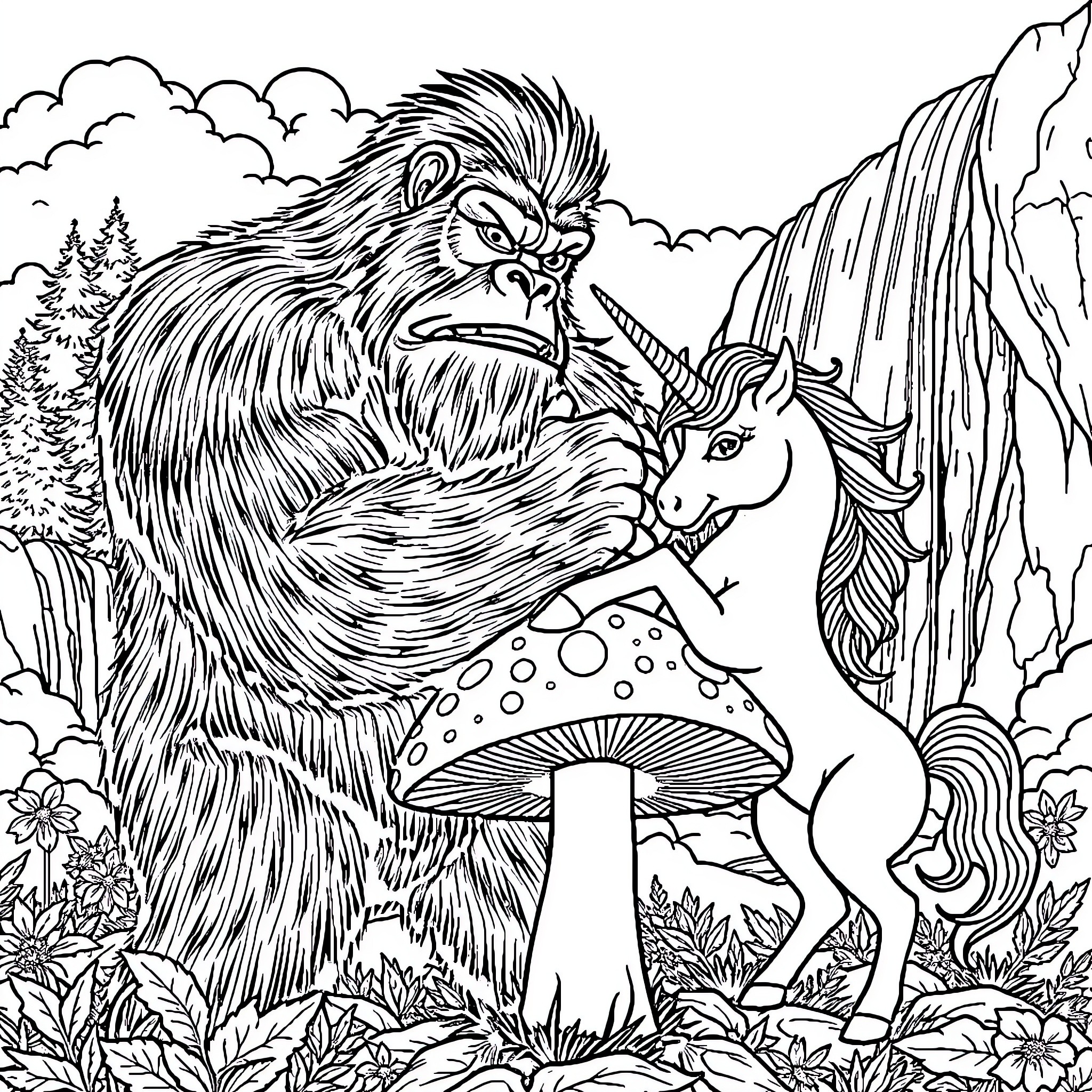 Sasquatch Encounters Mythical Unicorn in Enchanted Forest Coloring Page (free black-and-white line drawing printable PDF for all, from beginners to advanced learners, including children, teens, adults, and seniors)