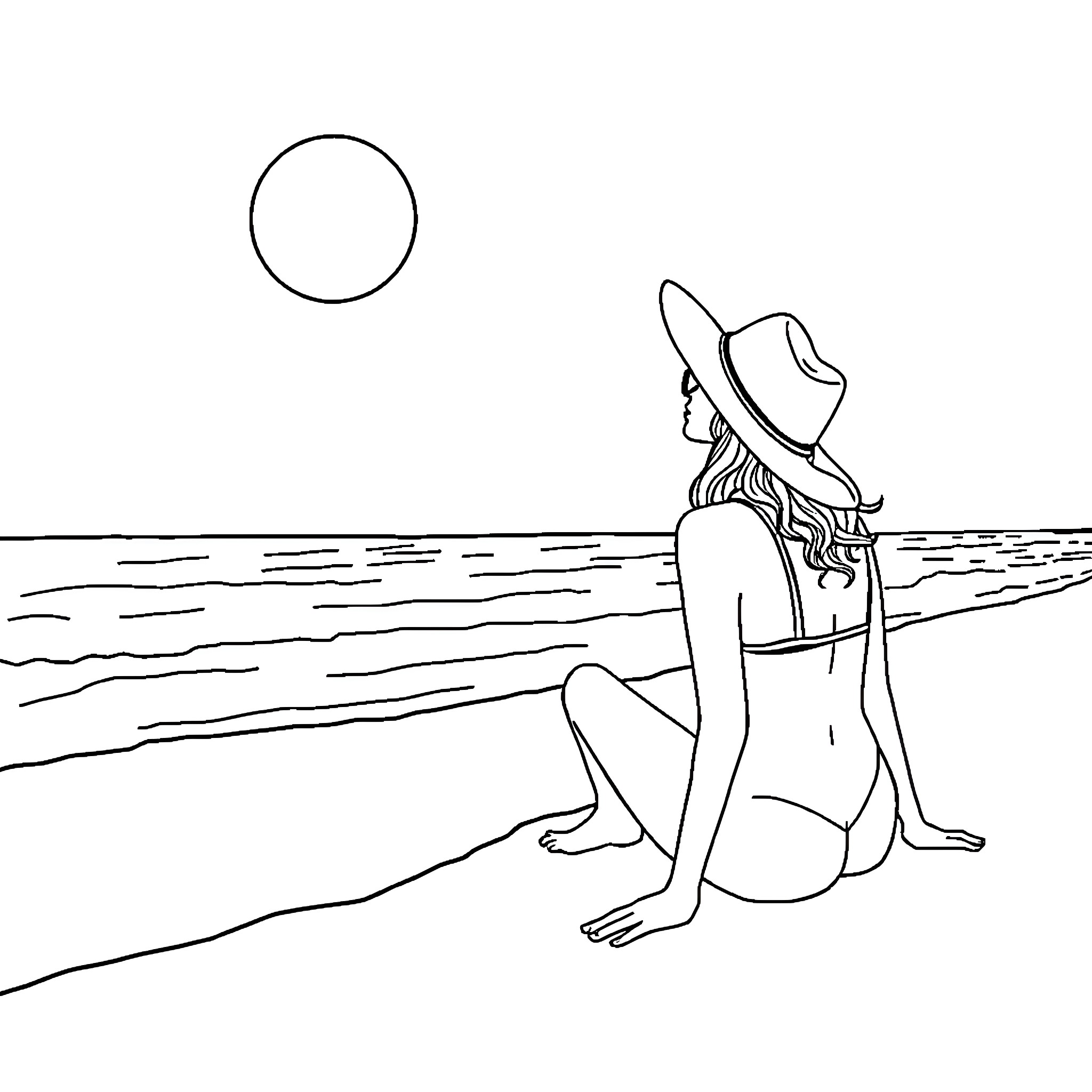 Woman enjoying the sunset by the beach Coloring Page (free black-and-white line drawing printable PDF for all, from beginners to advanced learners, including children, teens, adults, and seniors)