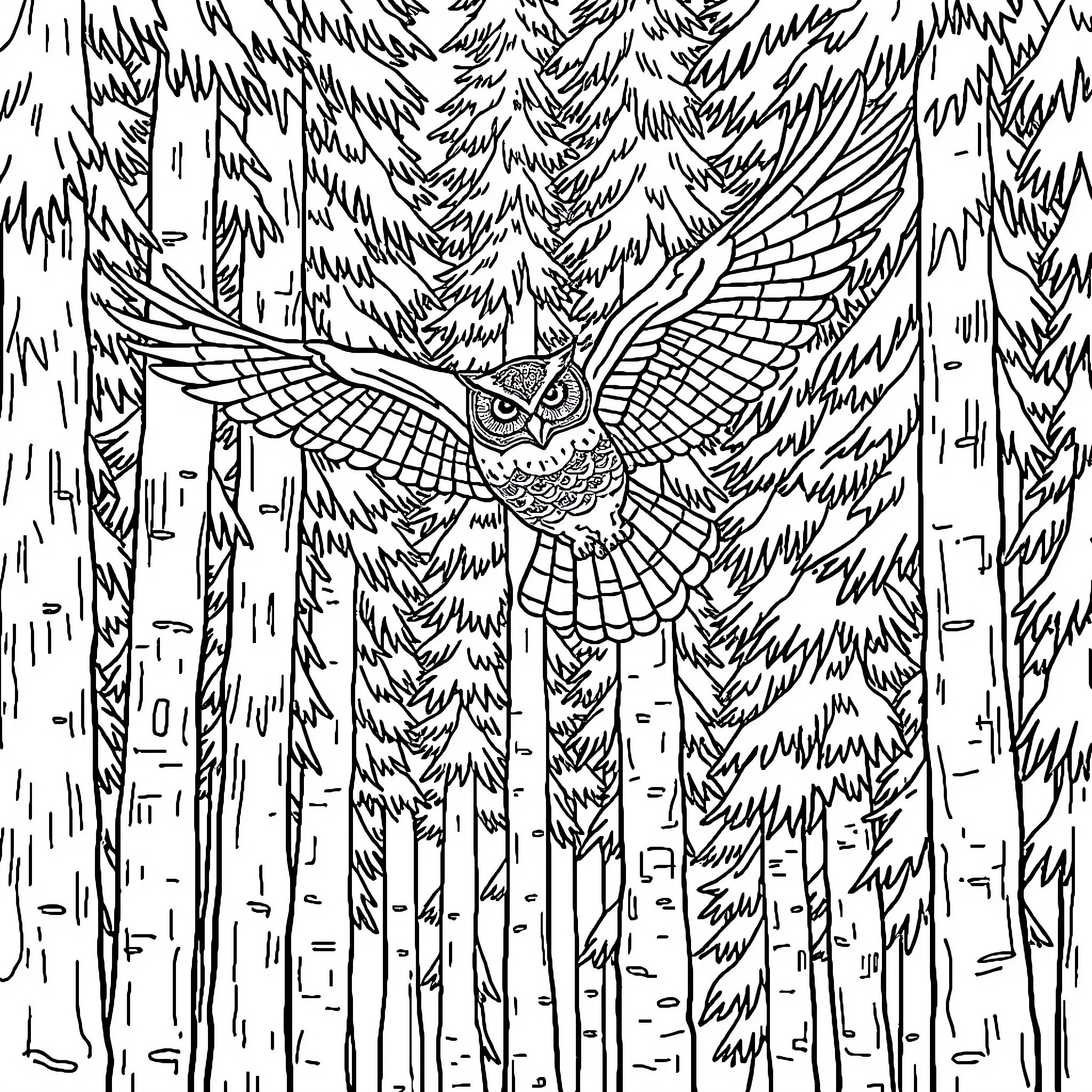 Owl soaring gracefully through the forest Coloring Page (free black-and-white line drawing printable PDF for all, from beginners to advanced learners, including children, teens, adults, and seniors)