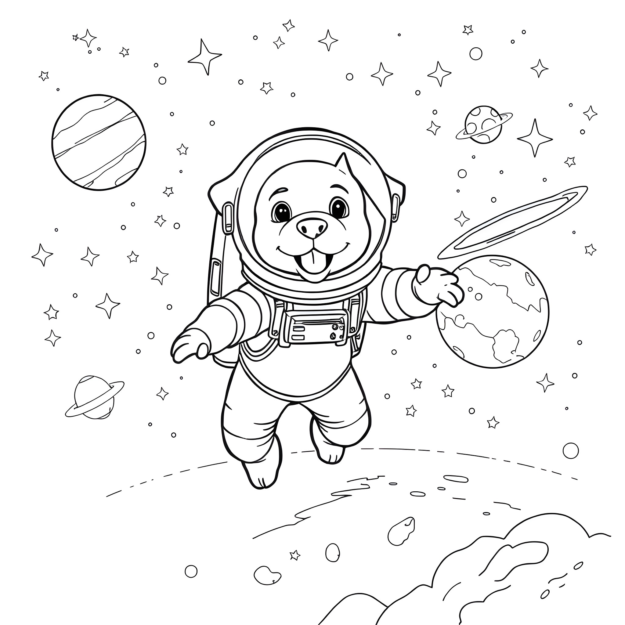 Dog Astronaut Exploring Outer Space Coloring Page (free black-and-white line drawing printable PDF for all, from beginners to advanced learners, including children, teens, adults, and seniors)