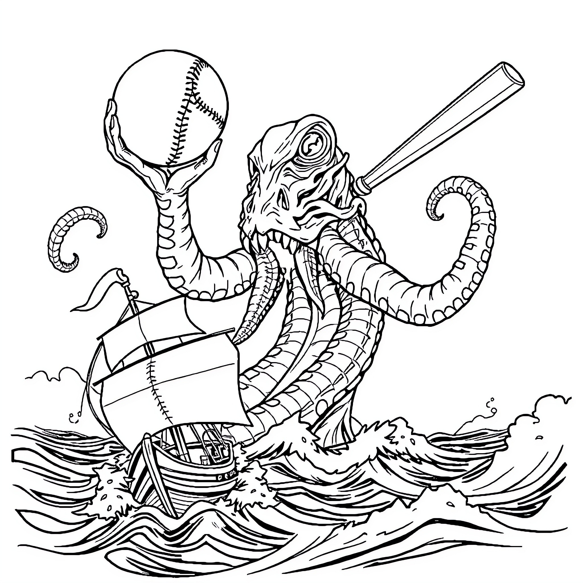 Kraken attacking a ship at sea Coloring Page (free black-and-white line drawing printable PDF for all, from beginners to advanced learners, including children, teens, adults, and seniors)