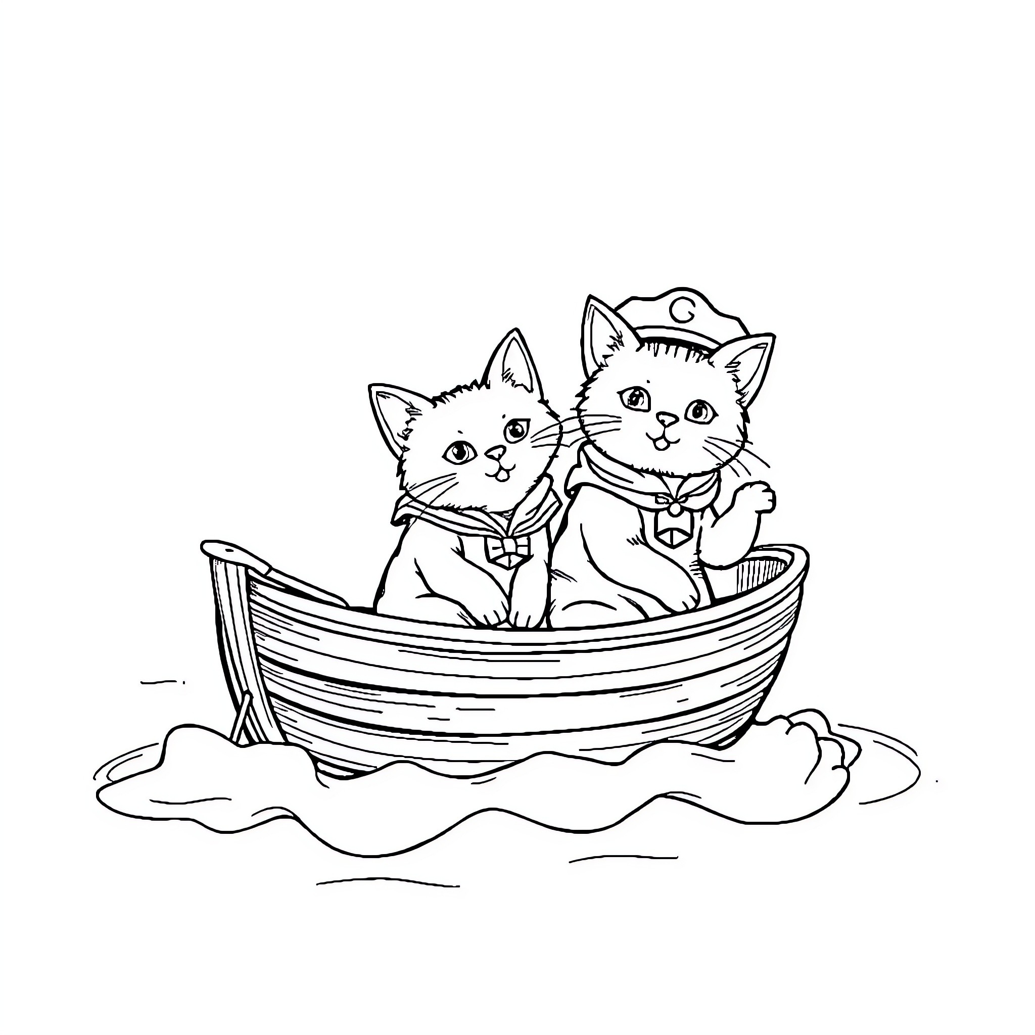 Cat kittens sailing in a small boat Coloring Page (free black-and-white line drawing printable PDF for all, from beginners to advanced learners, including children, teens, adults, and seniors)