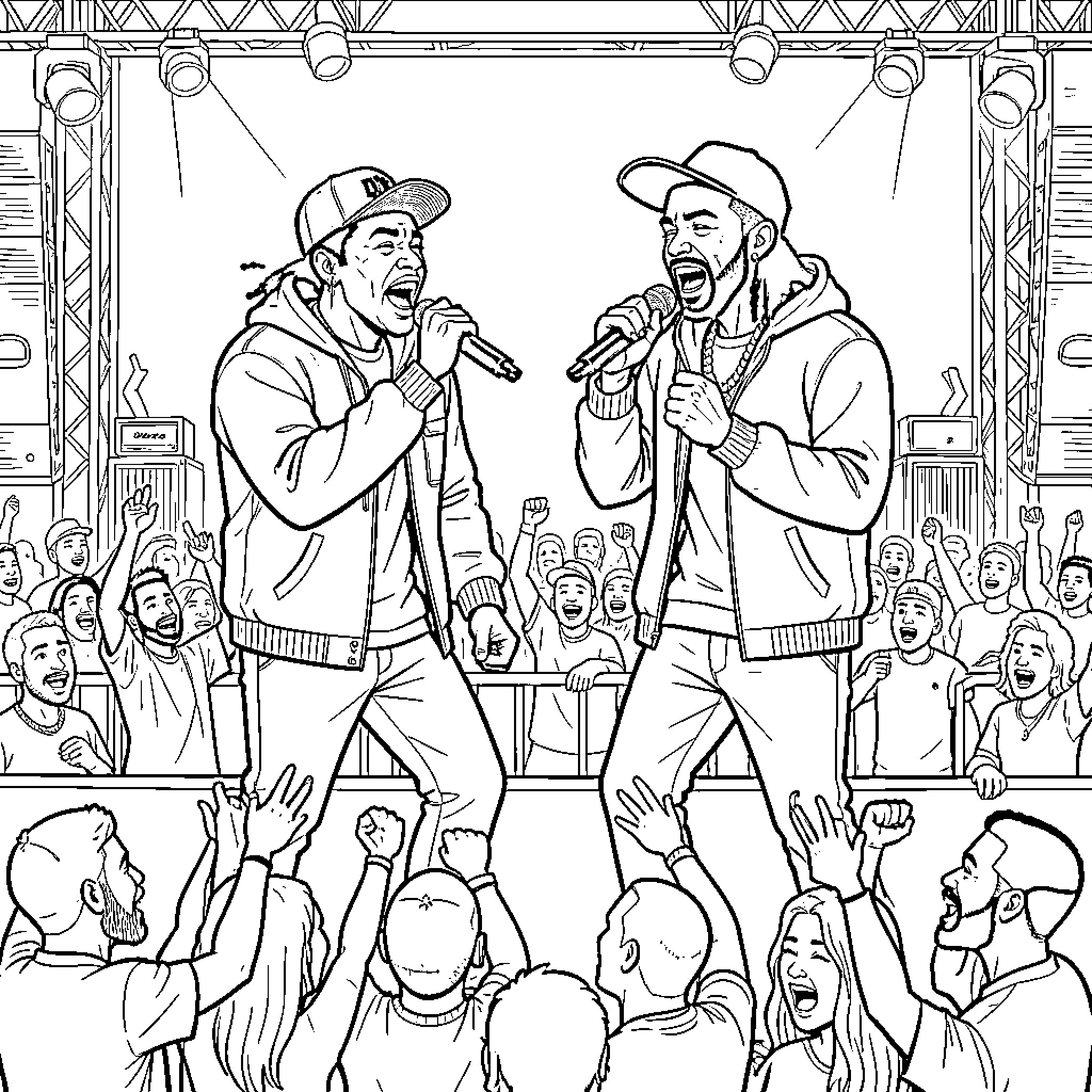 Lil Wayne performing energetically on stage with a crowd Coloring Page (free black-and-white line drawing printable PDF for all, from beginners to advanced learners, including children, teens, adults, and seniors)