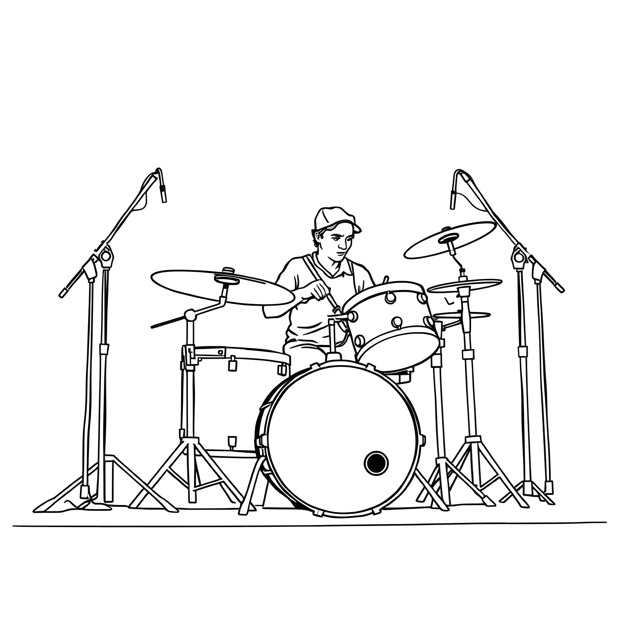 Drummer performing on stage with drum kit Coloring Page (free black-and-white line drawing printable PDF for all, from beginners to advanced learners, including children, teens, adults, and seniors)