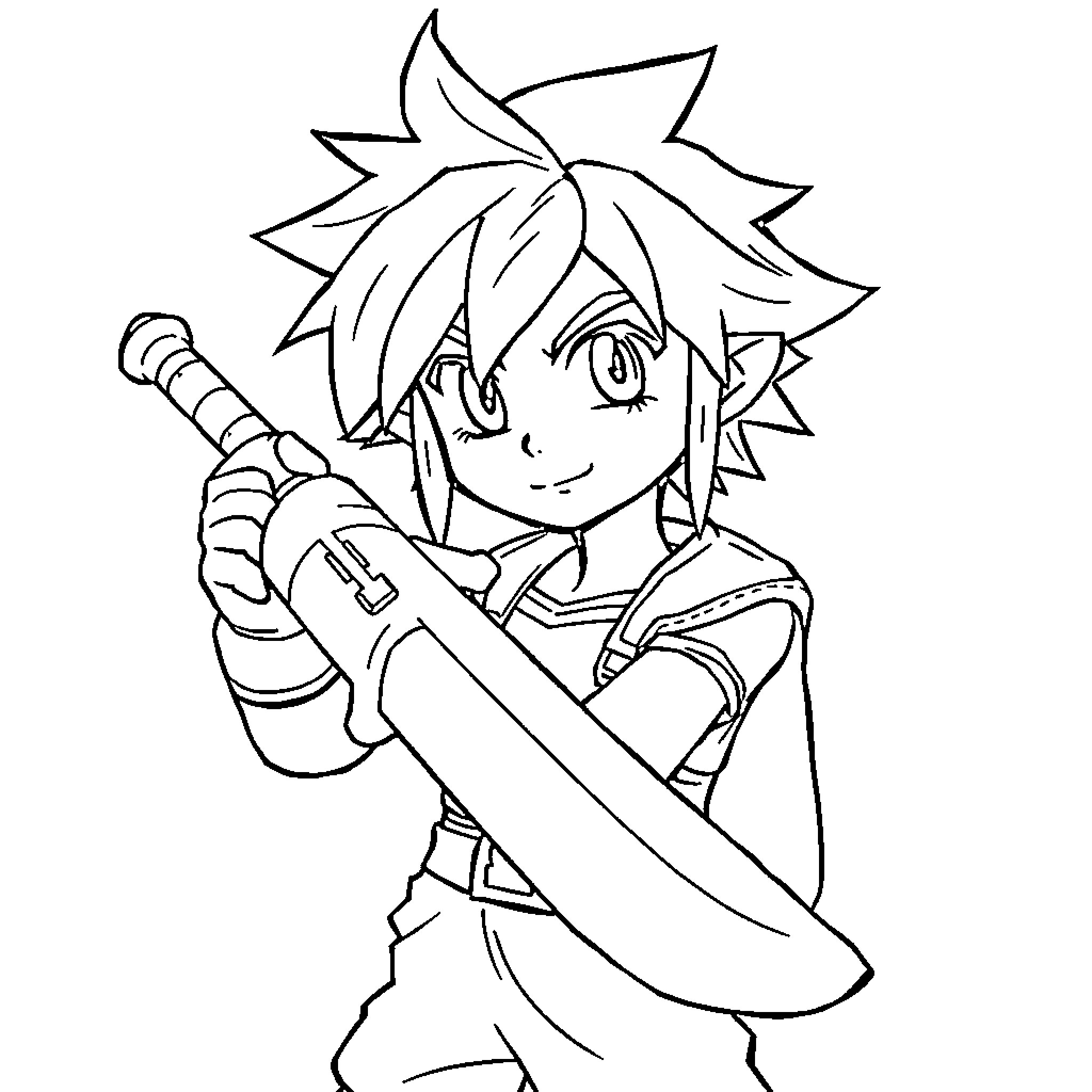 Cloud Strife wielding a sword with determination Coloring Page (free black-and-white line drawing printable PDF for all, from beginners to advanced learners, including children, teens, adults, and seniors)