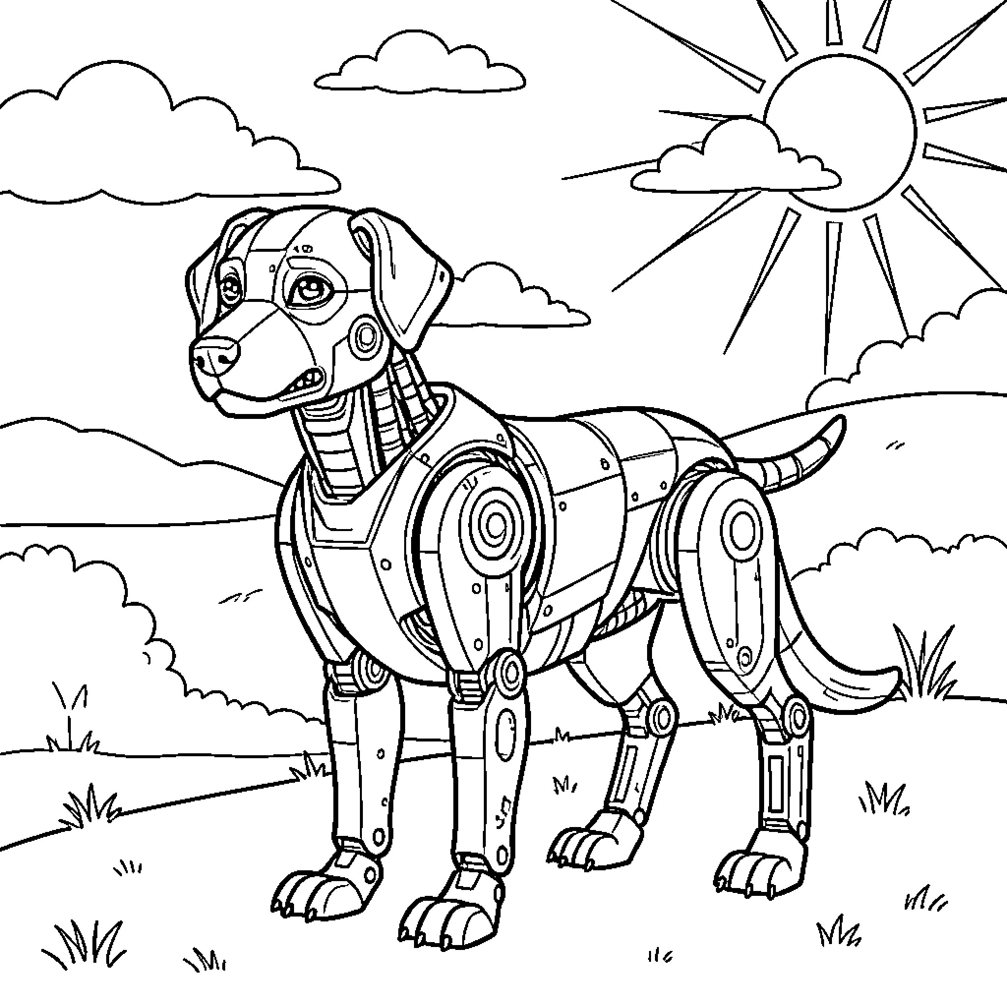 Robot Dog standing alert in a sunny landscape Coloring Page (free black-and-white line drawing printable PDF for all, from beginners to advanced learners, including children, teens, adults, and seniors)