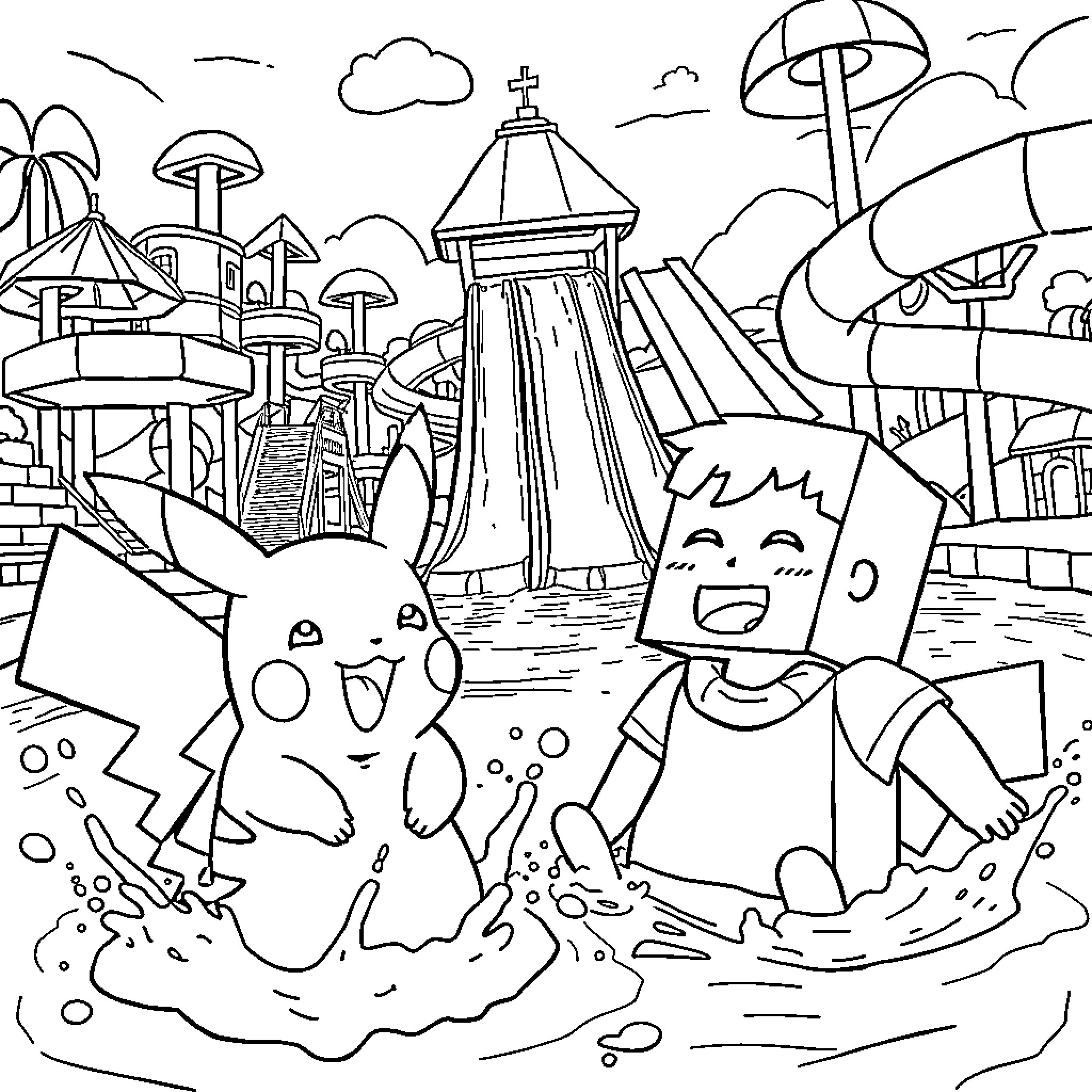 Pikachu and boy playing in whimsical fantasy world Coloring Page (free black-and-white line drawing printable PDF for all, from beginners to advanced learners, including children, teens, adults, and seniors)