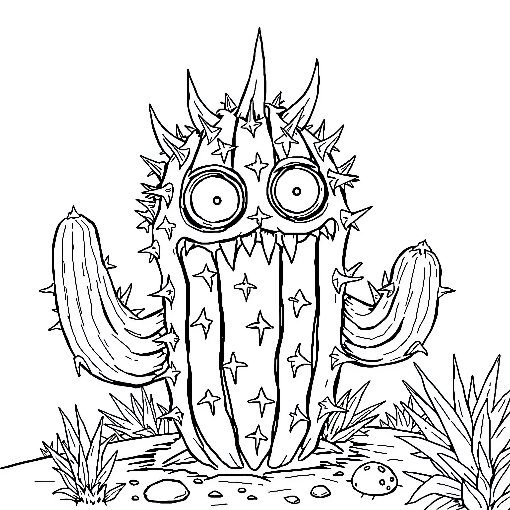 Cactus with Quirky Eyes and Spikes Coloring Page (free black-and-white line drawing printable PDF for all, from beginners to advanced learners, including children, teens, adults, and seniors)