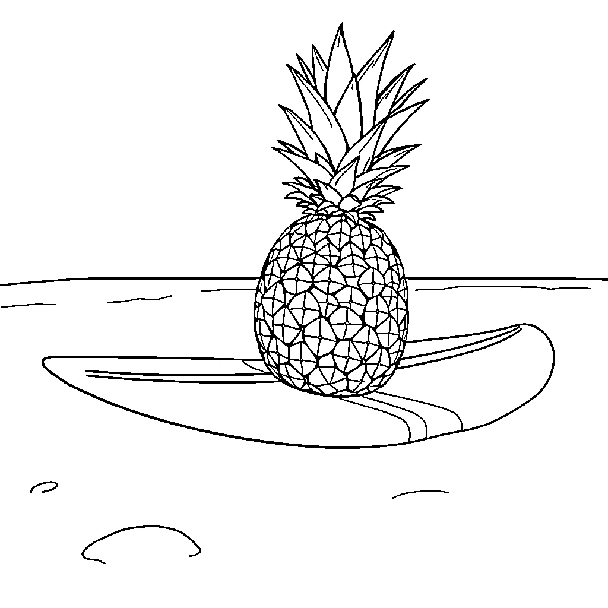 Pineapple surfboard on the beach Coloring Page (free black-and-white line drawing printable PDF for all, from beginners to advanced learners, including children, teens, adults, and seniors)
