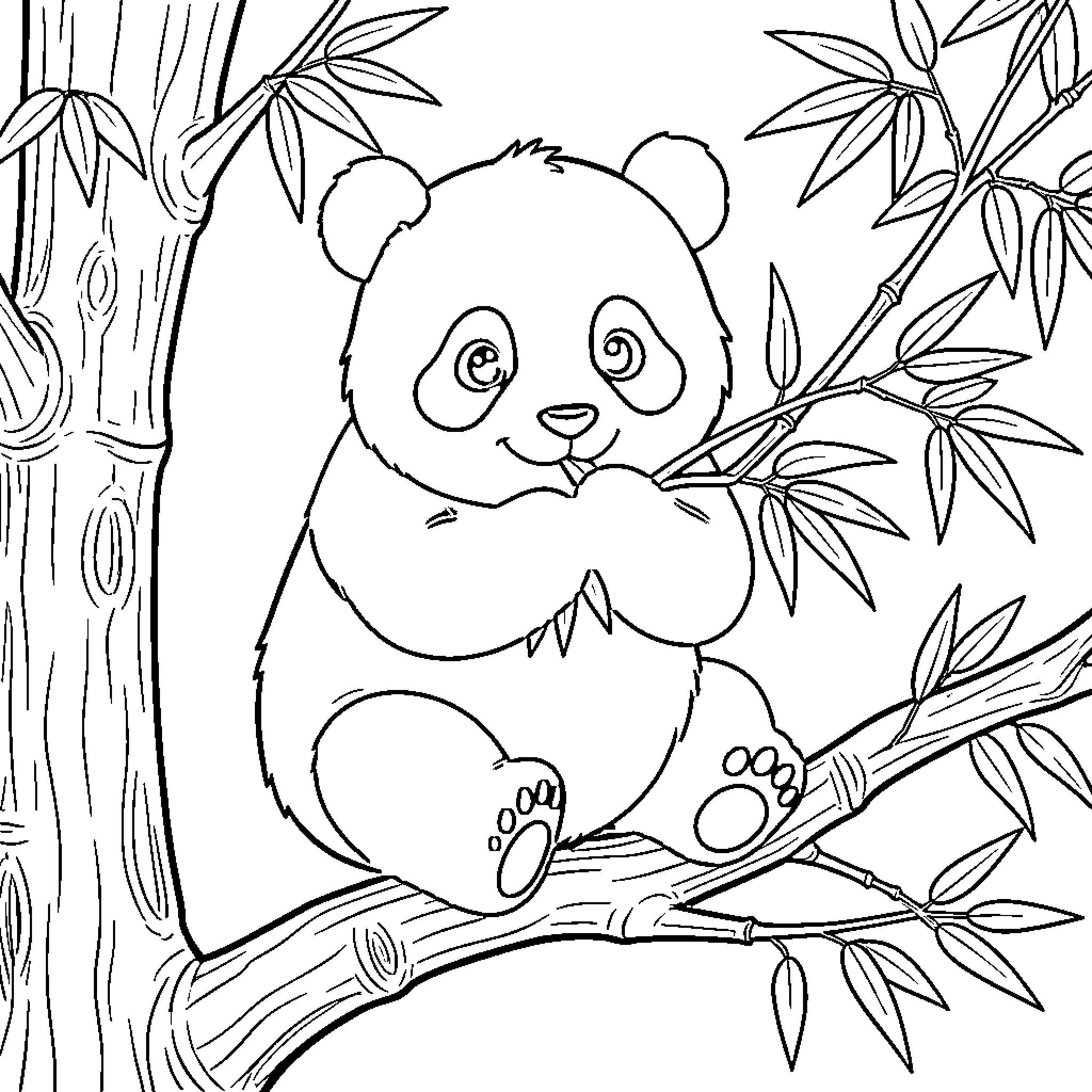 Panda exploring bamboo forest Coloring Page (free black-and-white line drawing printable PDF for all, from beginners to advanced learners, including children, teens, adults, and seniors)