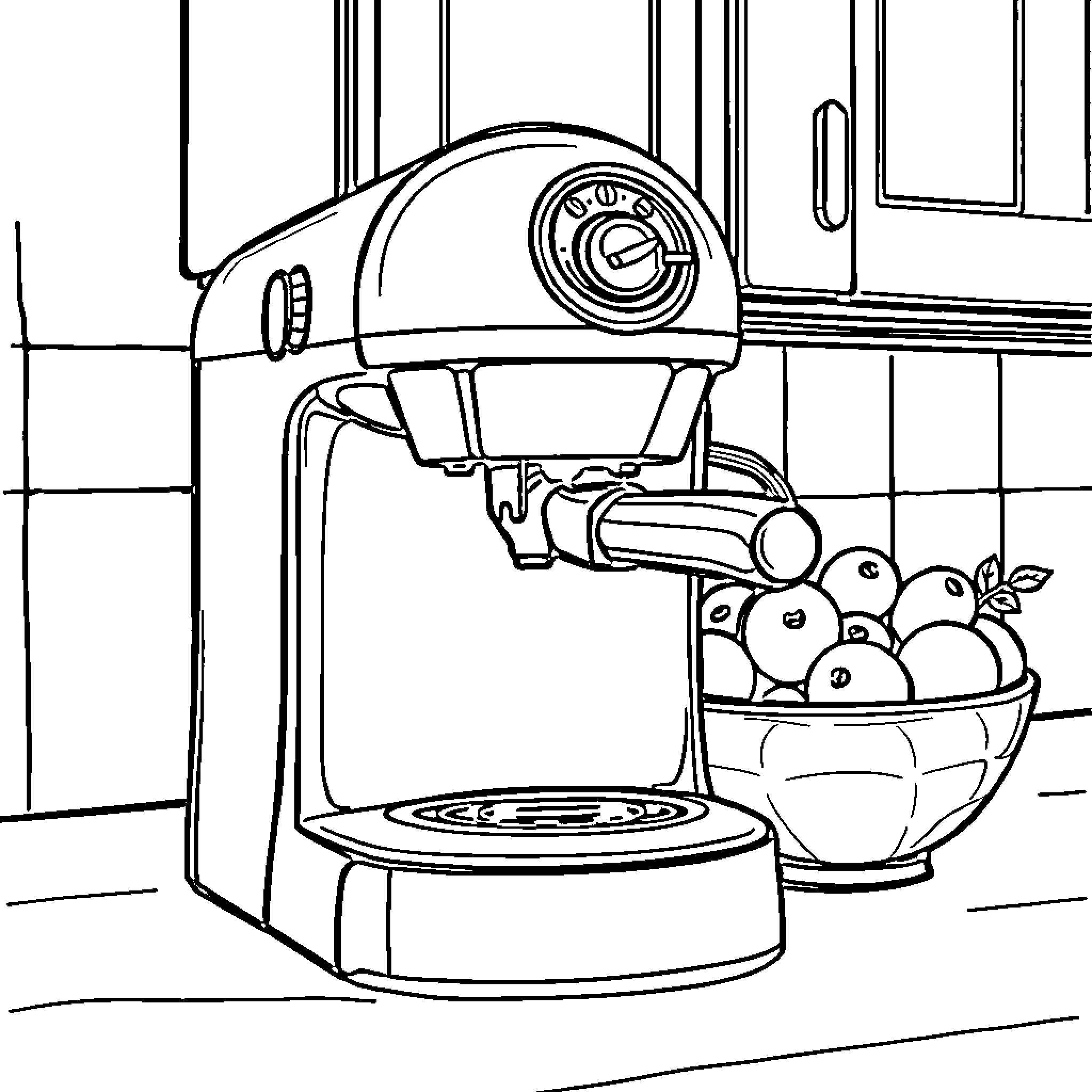 Coffee Machine Preparing Drinks in Kitchen Coloring Page (free black-and-white line drawing printable PDF for all, from beginners to advanced learners, including children, teens, adults, and seniors)