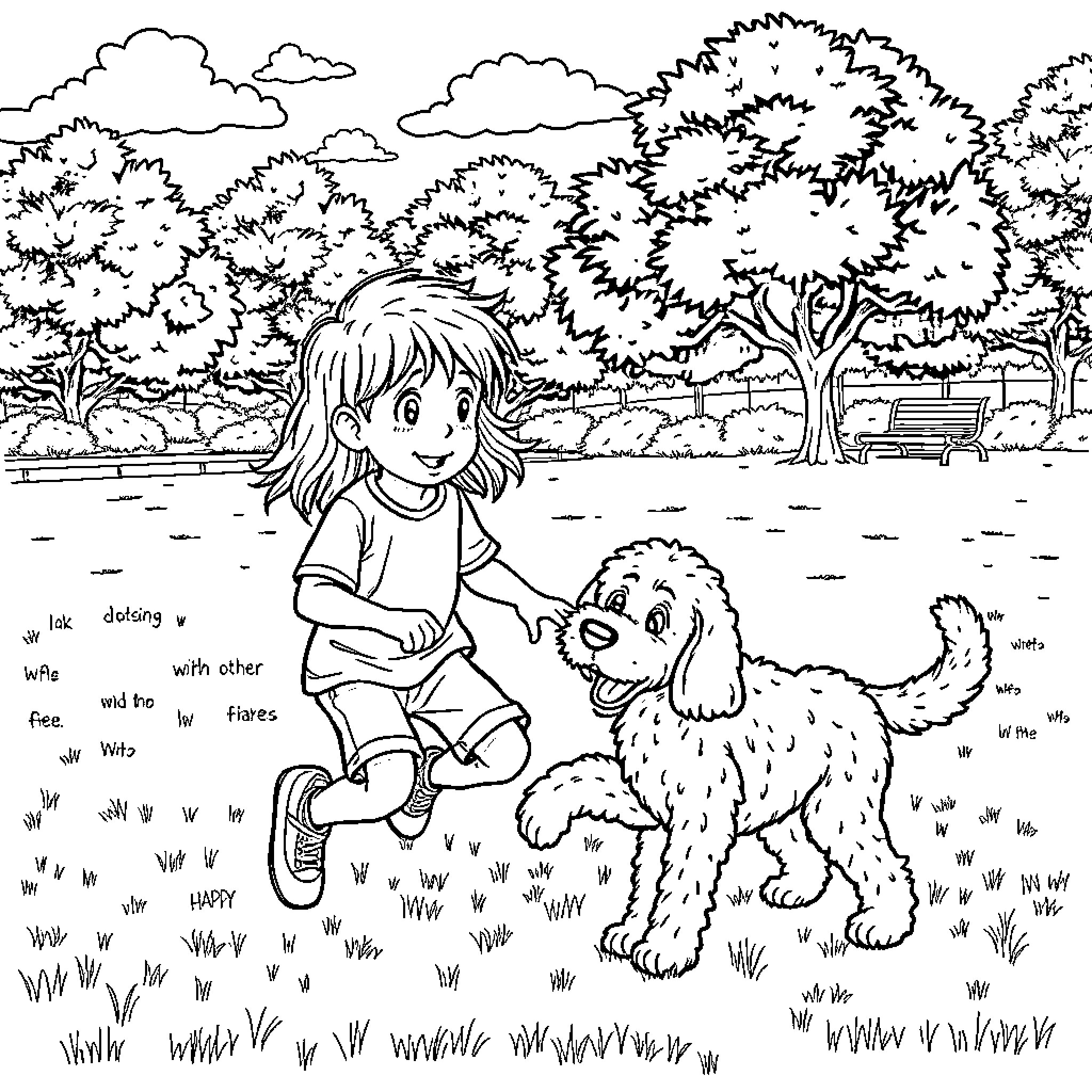 Boy playing with puppy in the park Coloring Page (free black-and-white line drawing printable PDF for all, from beginners to advanced learners, including children, teens, adults, and seniors)
