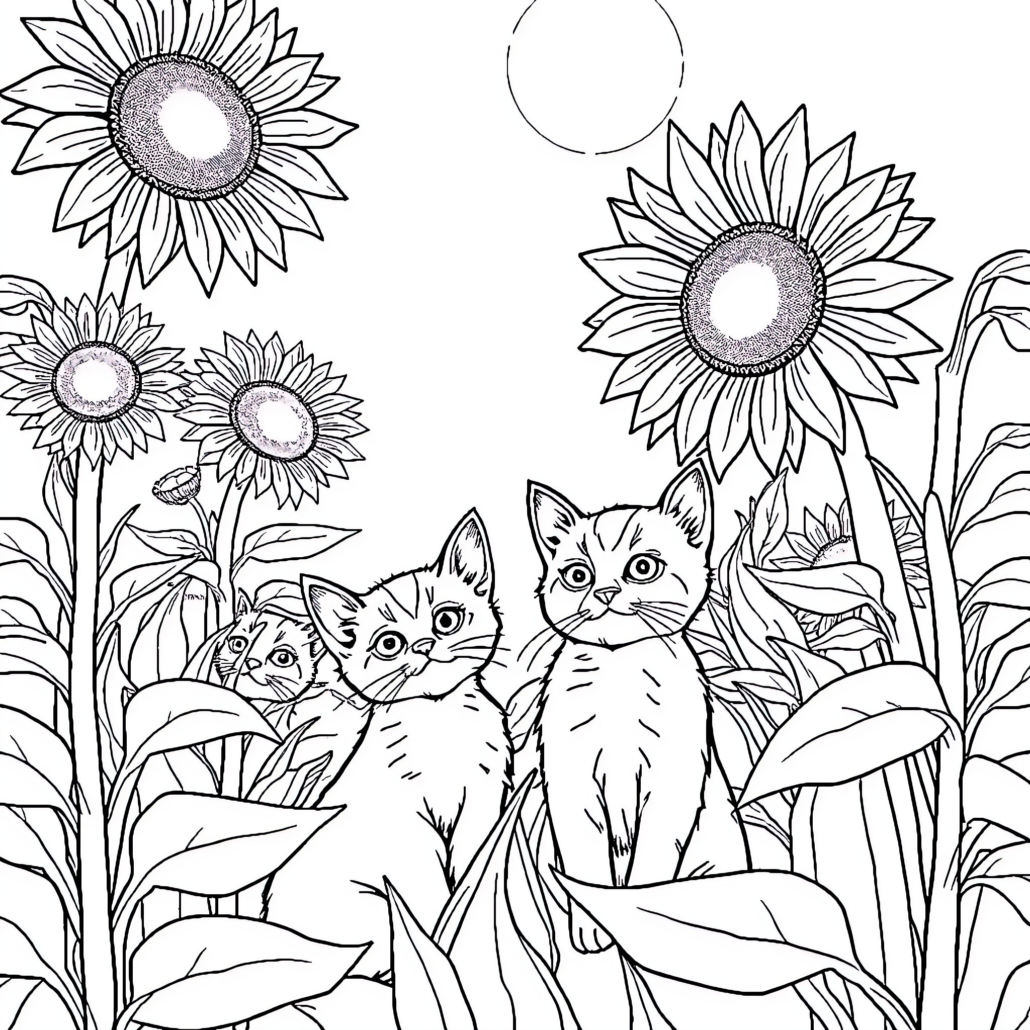 Cat companions in sunflower field Coloring Page (free black-and-white line drawing printable PDF for all, from beginners to advanced learners, including children, teens, adults, and seniors)