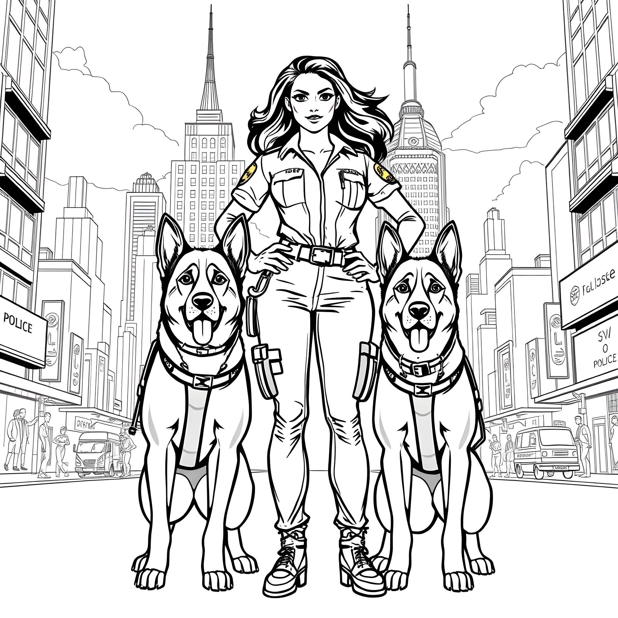 Woman with two police dogs in the city Coloring Page (free black-and-white line drawing printable PDF for all, from beginners to advanced learners, including children, teens, adults, and seniors)