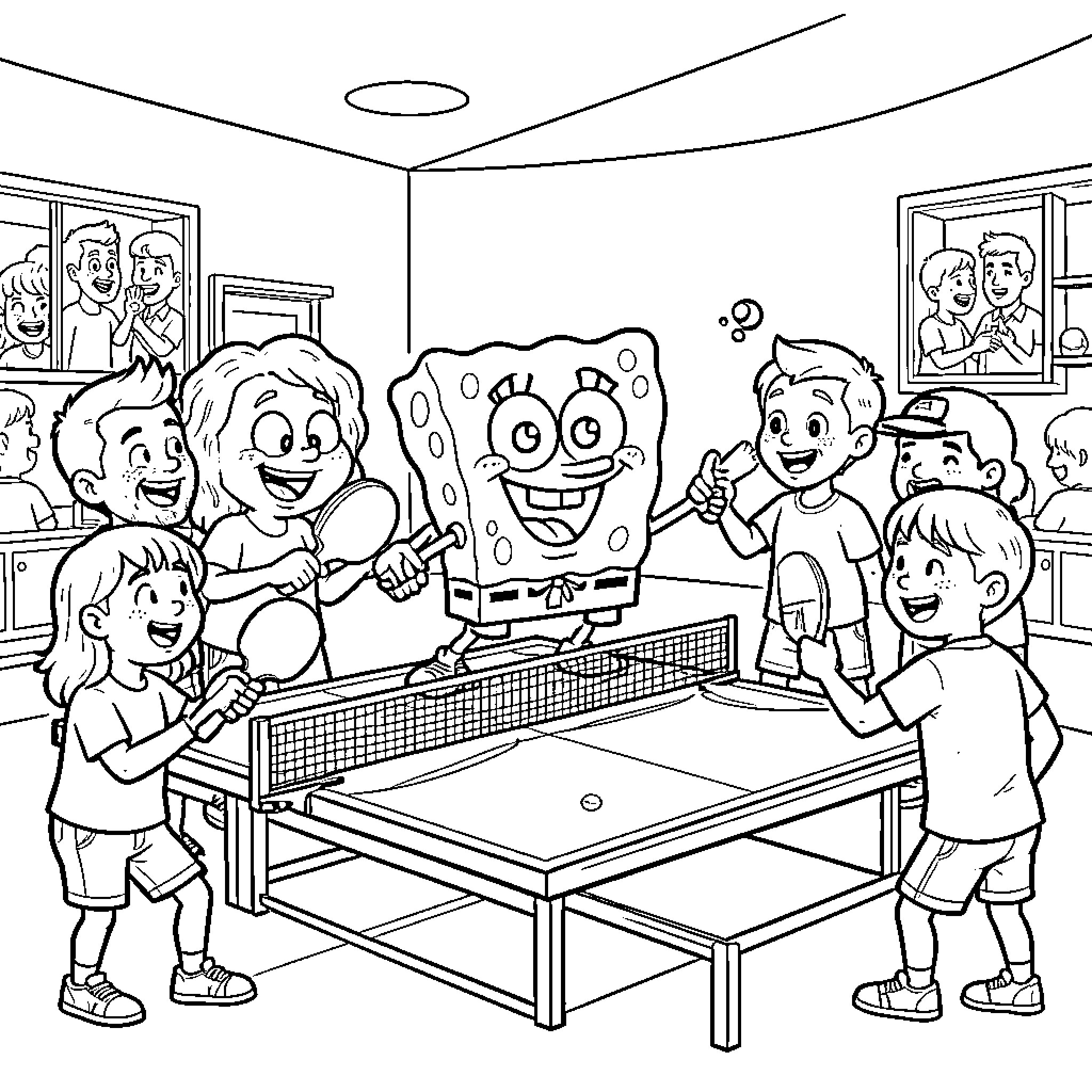 Bob l'éponge playing ping pong with enthusiastic children Coloring Page (free black-and-white line drawing printable PDF for all, from beginners to advanced learners, including children, teens, adults, and seniors)