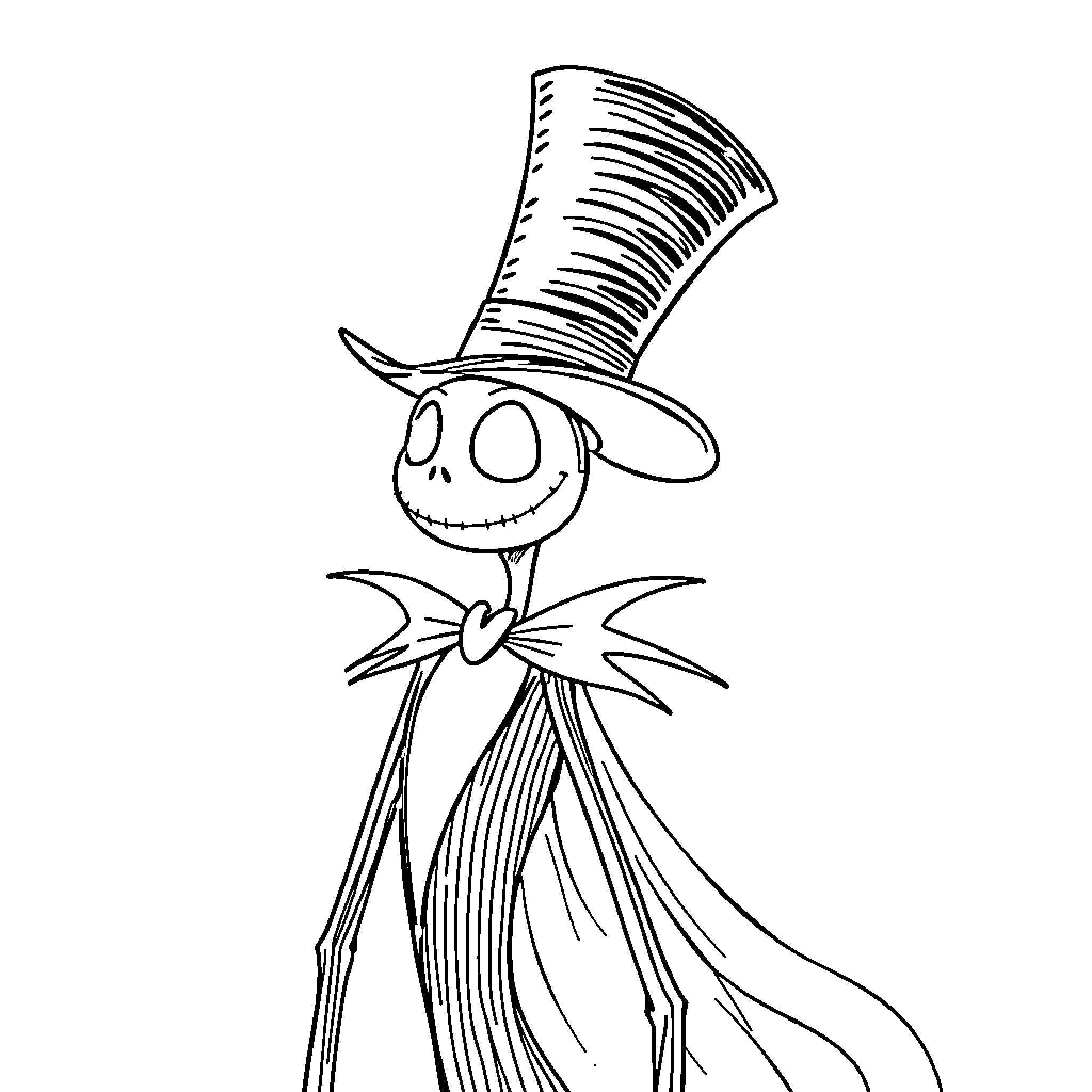 Jack Skeleton with top hat and bow tie Coloring Page (free black-and-white line drawing printable PDF for all, from beginners to advanced learners, including children, teens, adults, and seniors)