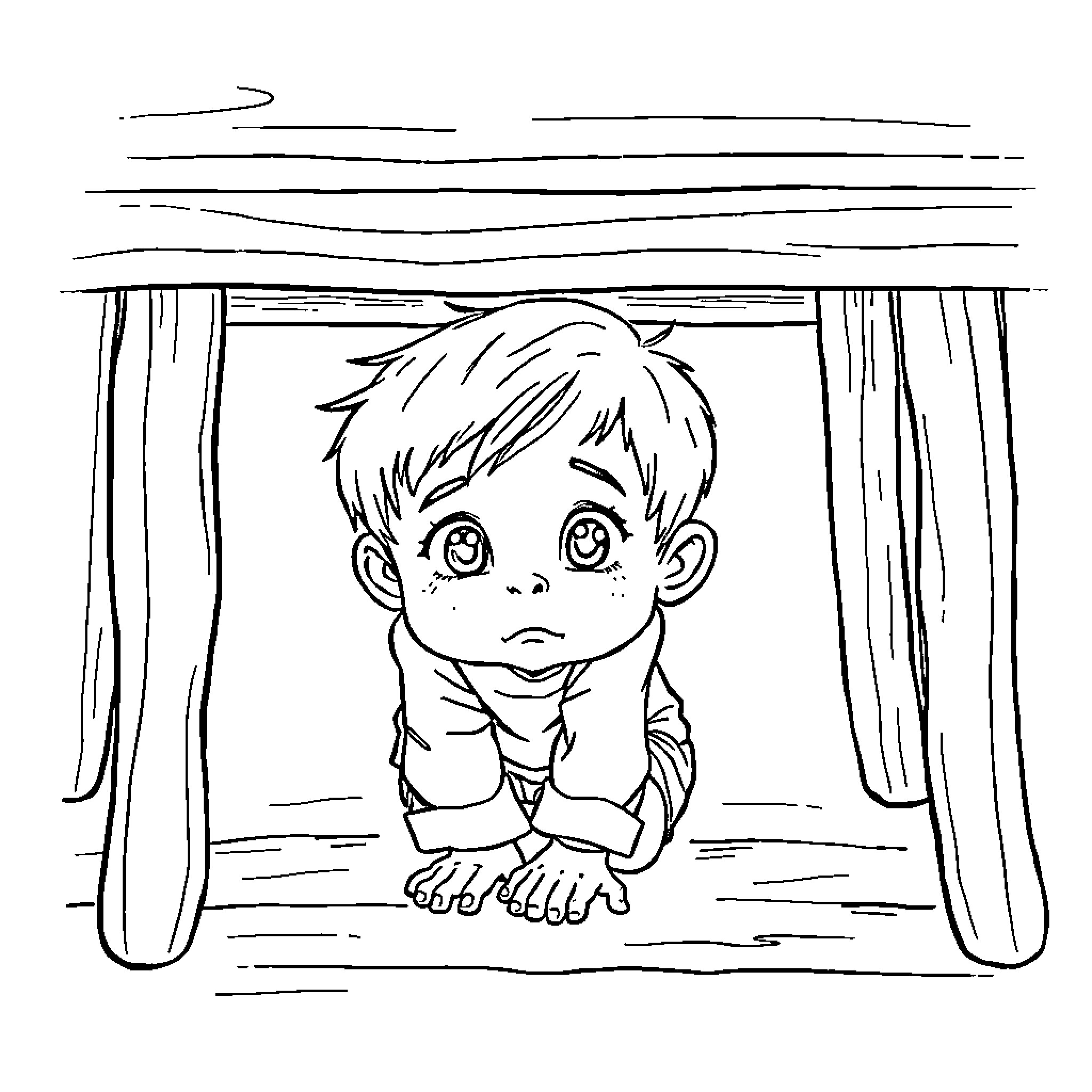 Boy peeks out from behind curtain Coloring Page (free black-and-white line drawing printable PDF for all, from beginners to advanced learners, including children, teens, adults, and seniors)