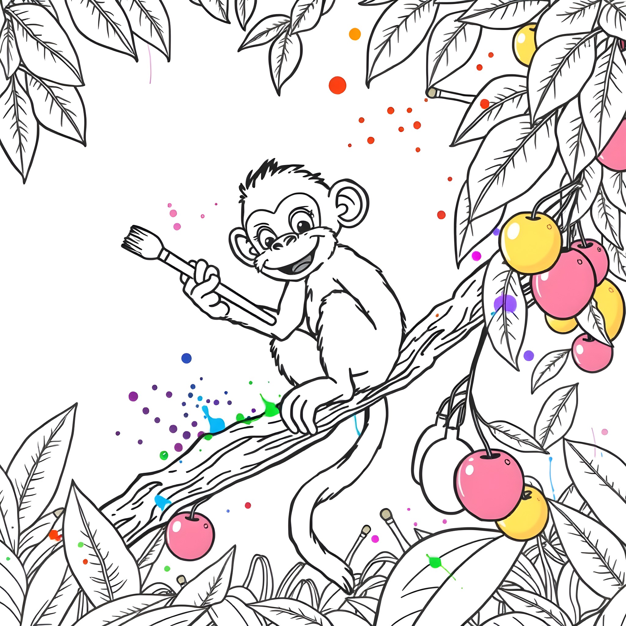 Monkey playing joyfully among tropical leaves and fruits Coloring Page (free black-and-white line drawing printable PDF for all, from beginners to advanced learners, including children, teens, adults, and seniors)