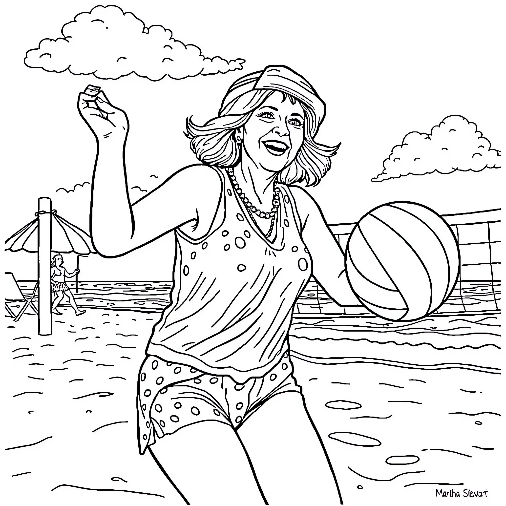 Martha Stewart enjoying a carefree day at the beach Coloring Page (free black-and-white line drawing printable PDF for all, from beginners to advanced learners, including children, teens, adults, and seniors)