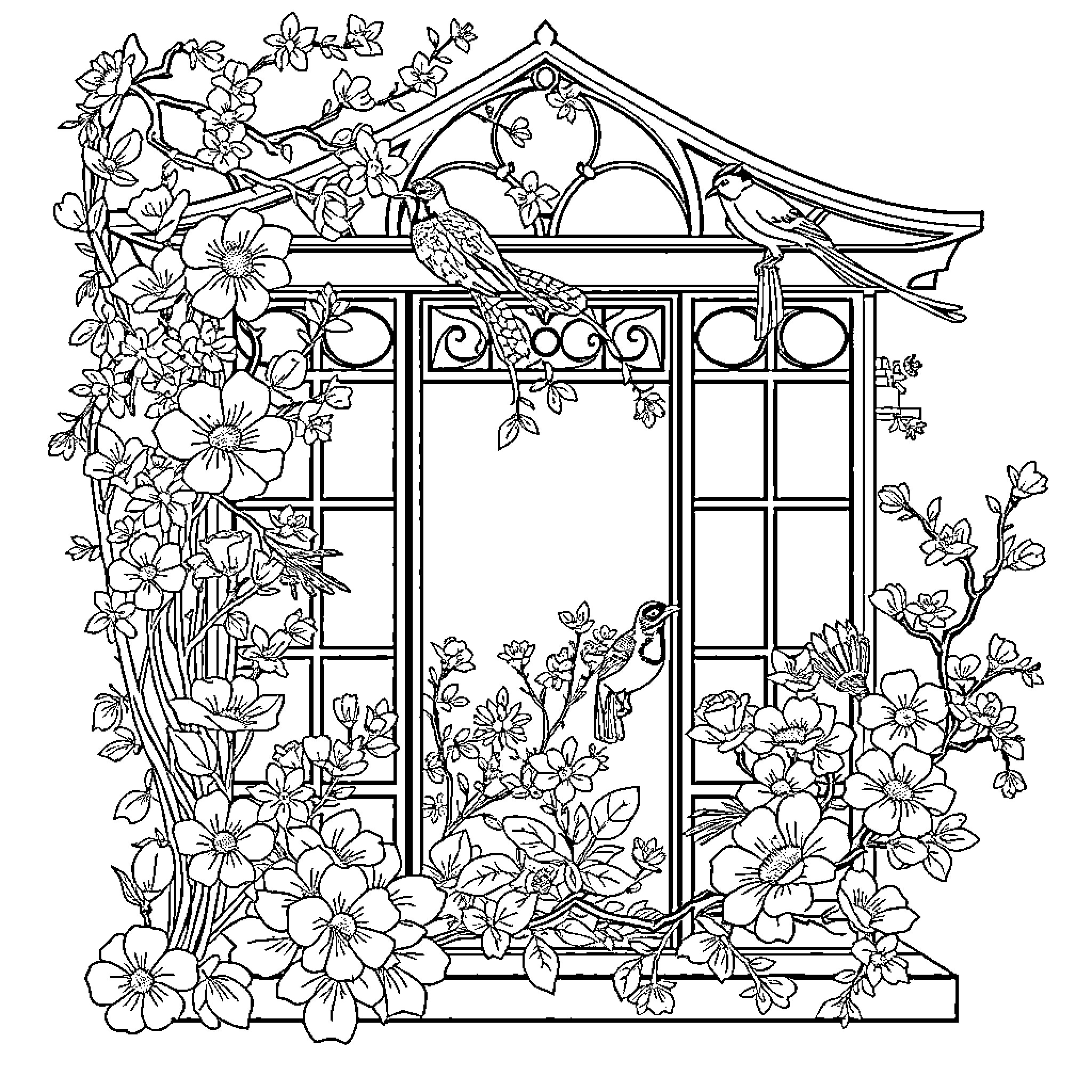 Stained Glass Garden Gazebo with Floral Decor Coloring Page (free black-and-white line drawing printable PDF for all, from beginners to advanced learners, including children, teens, adults, and seniors)