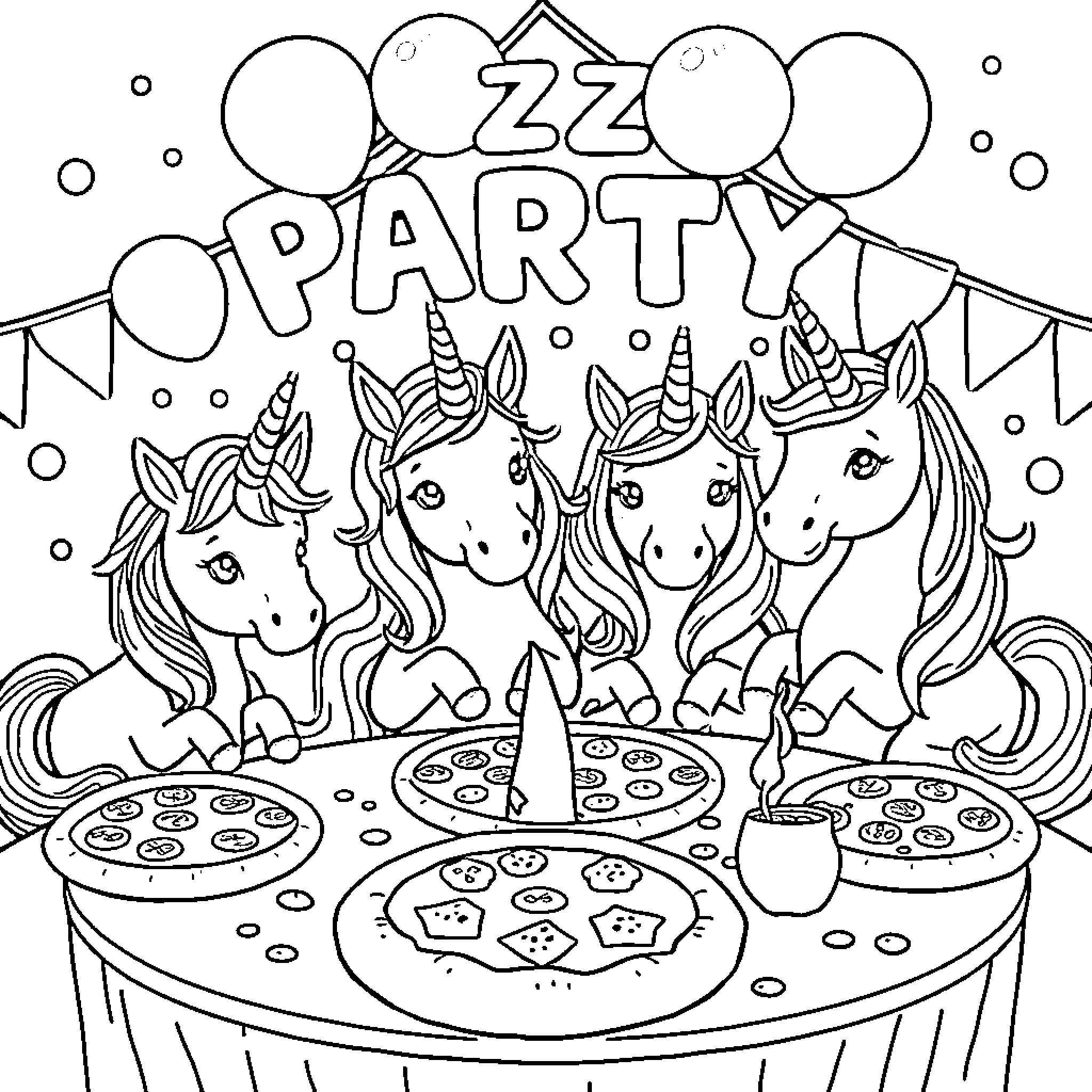 Unicorn party with festive decorations and treats Coloring Page (free black-and-white line drawing printable PDF for all, from beginners to advanced learners, including children, teens, adults, and seniors)