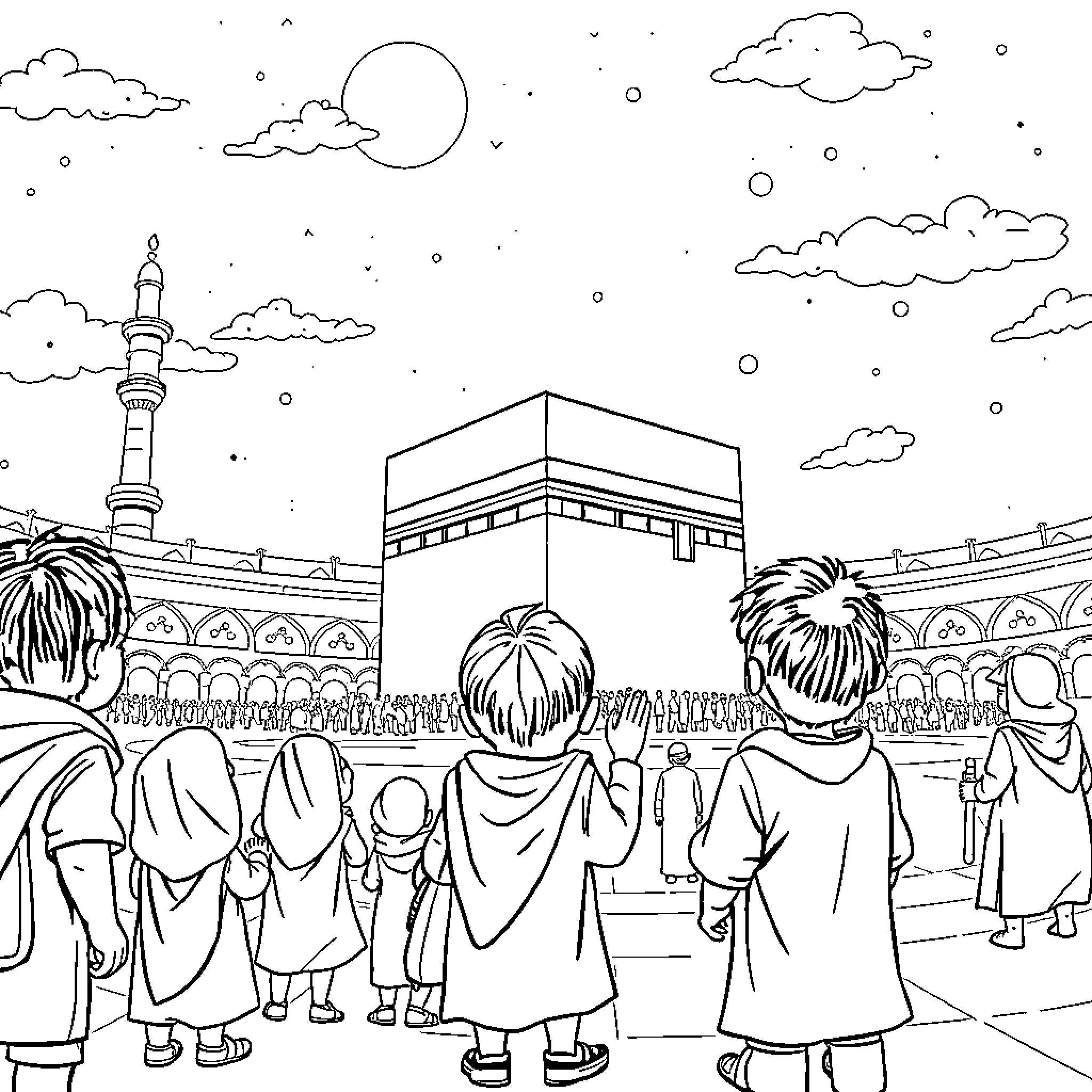 Kabah surrounded by devotees in contemplation Coloring Page (free black-and-white line drawing printable PDF for all, from beginners to advanced learners, including children, teens, adults, and seniors)