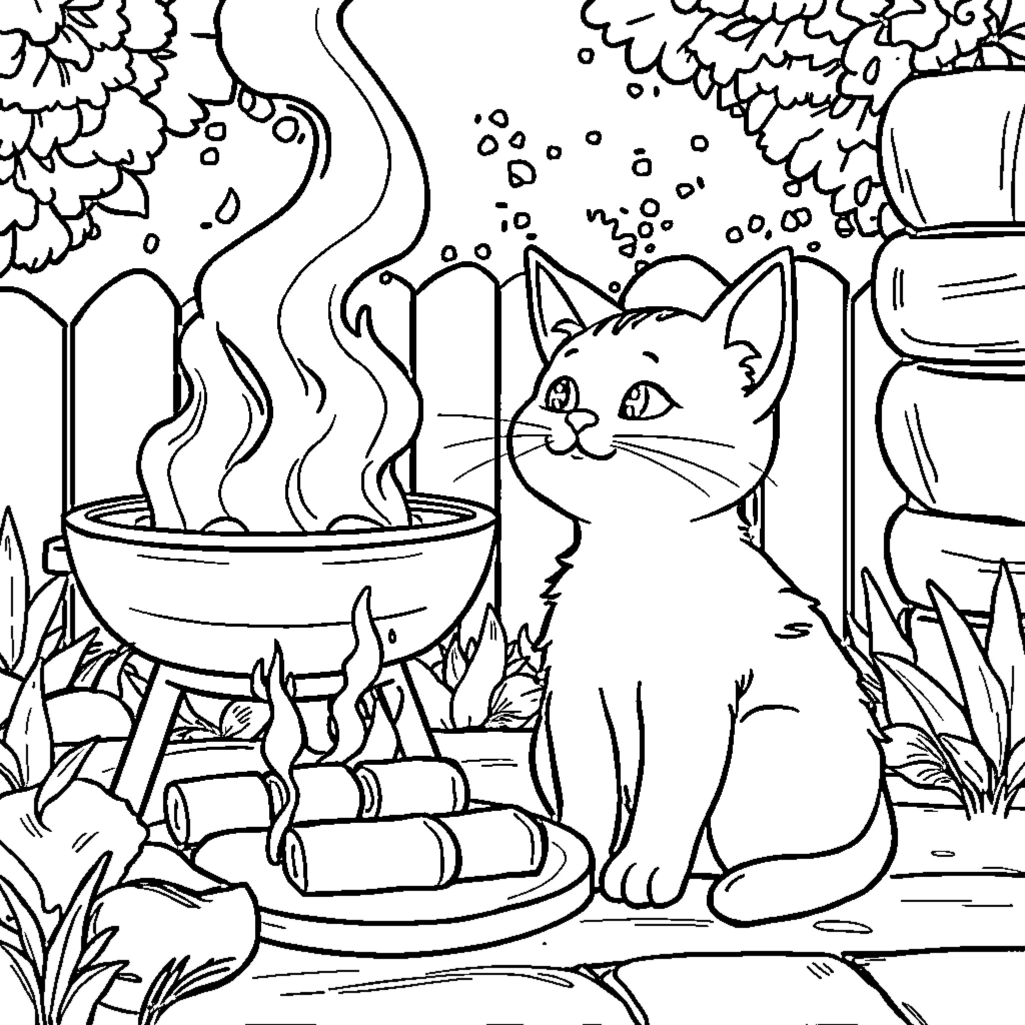 Cat relaxing by a steaming pot Coloring Page (free black-and-white line drawing printable PDF for all, from beginners to advanced learners, including children, teens, adults, and seniors)