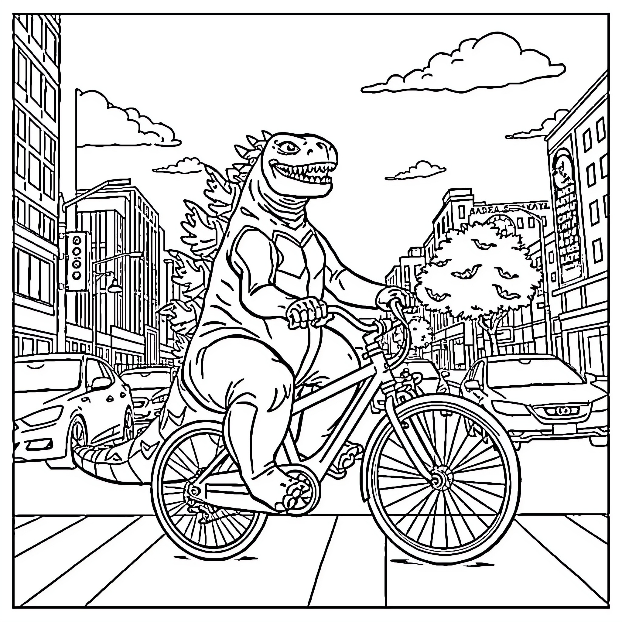 Godzilla rides a bicycle through the city Coloring Page (free black-and-white line drawing printable PDF for all, from beginners to advanced learners, including children, teens, adults, and seniors)