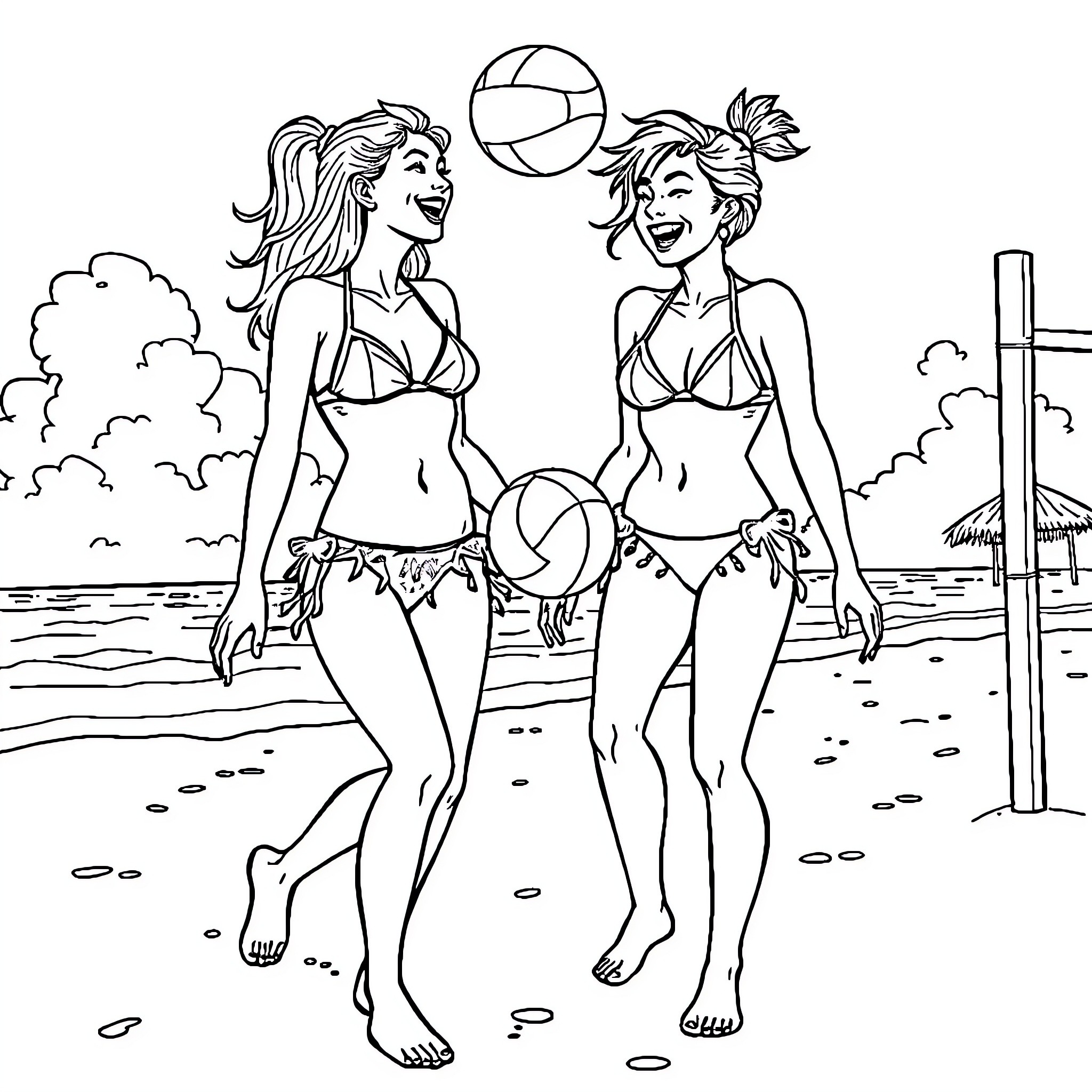 Girls playing volleyball on the beach Coloring Page (free black-and-white line drawing printable PDF for all, from beginners to advanced learners, including children, teens, adults, and seniors)