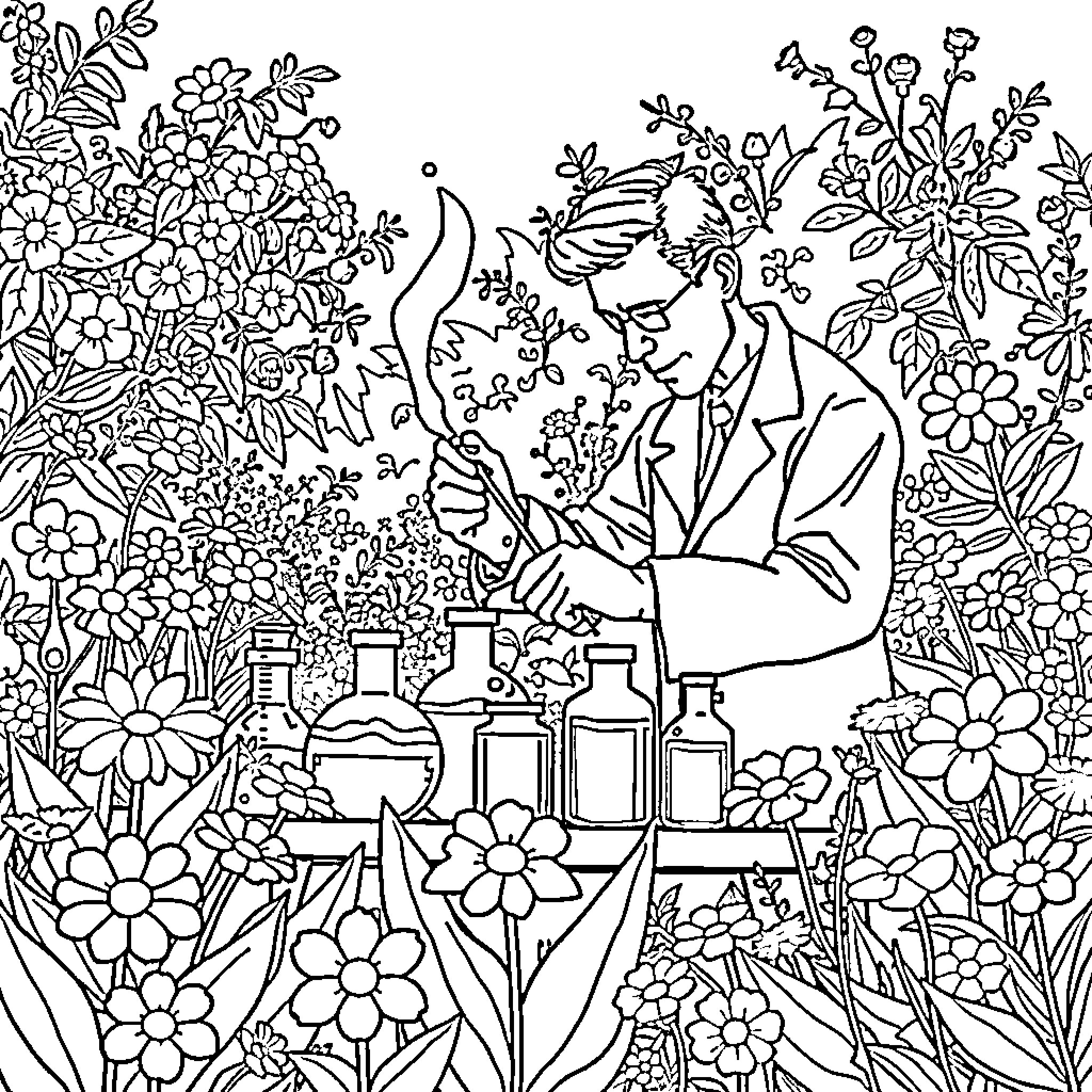 Scientist working amidst vibrant floral garden Coloring Page (free black-and-white line drawing printable PDF for all, from beginners to advanced learners, including children, teens, adults, and seniors)