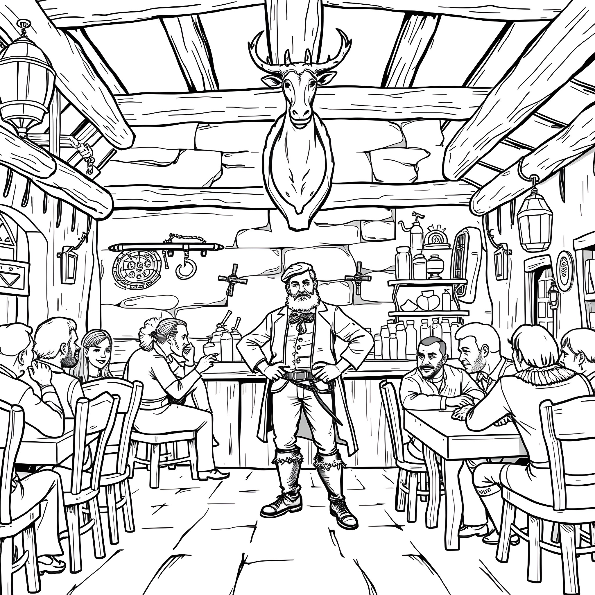 Gastón's Tavern: A Lively Gathering of Patrons Coloring Page (free black-and-white line drawing printable PDF for all, from beginners to advanced learners, including children, teens, adults, and seniors)