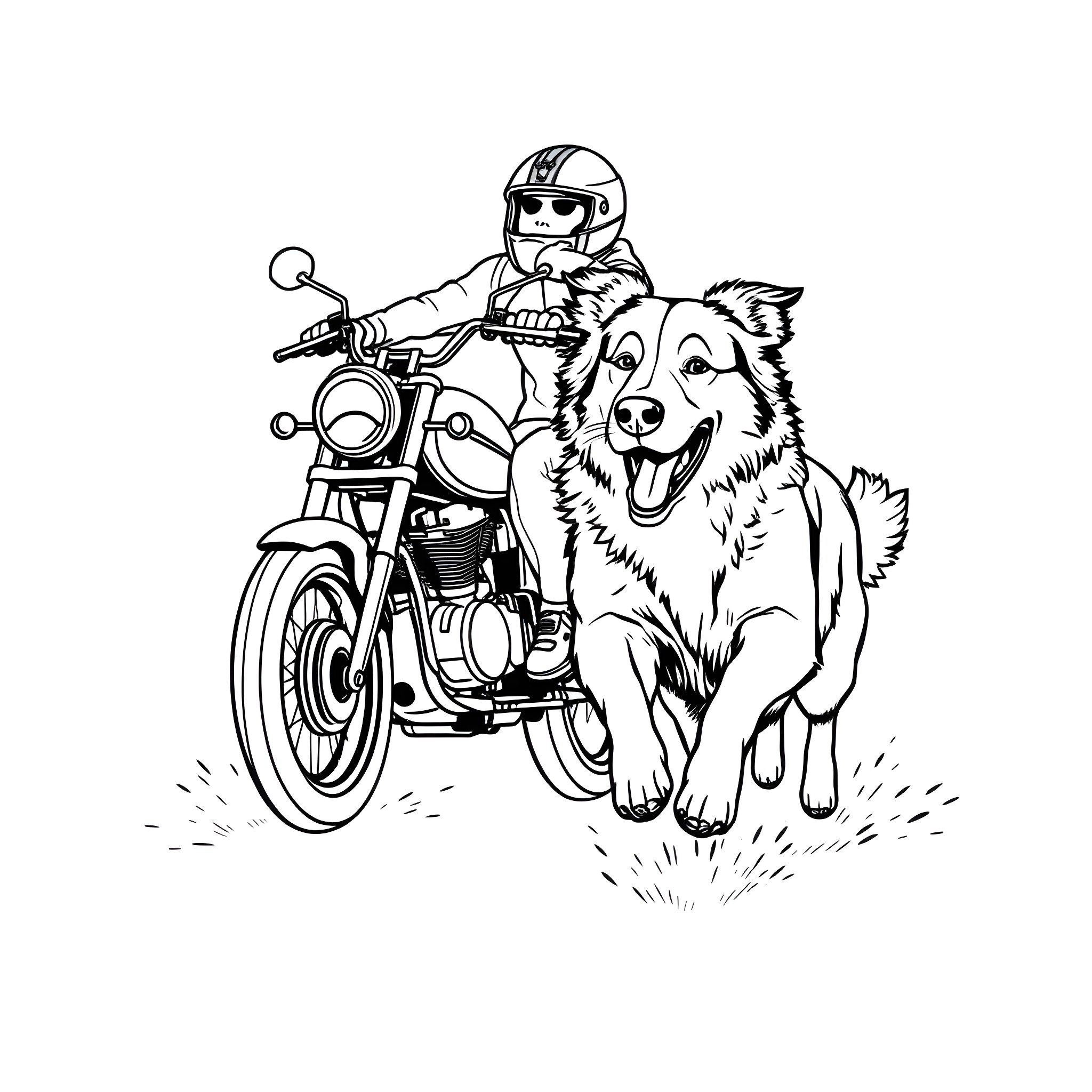 Border Collie riding motorcycle with human Coloring Page (free black-and-white line drawing printable PDF for all, from beginners to advanced learners, including children, teens, adults, and seniors)
